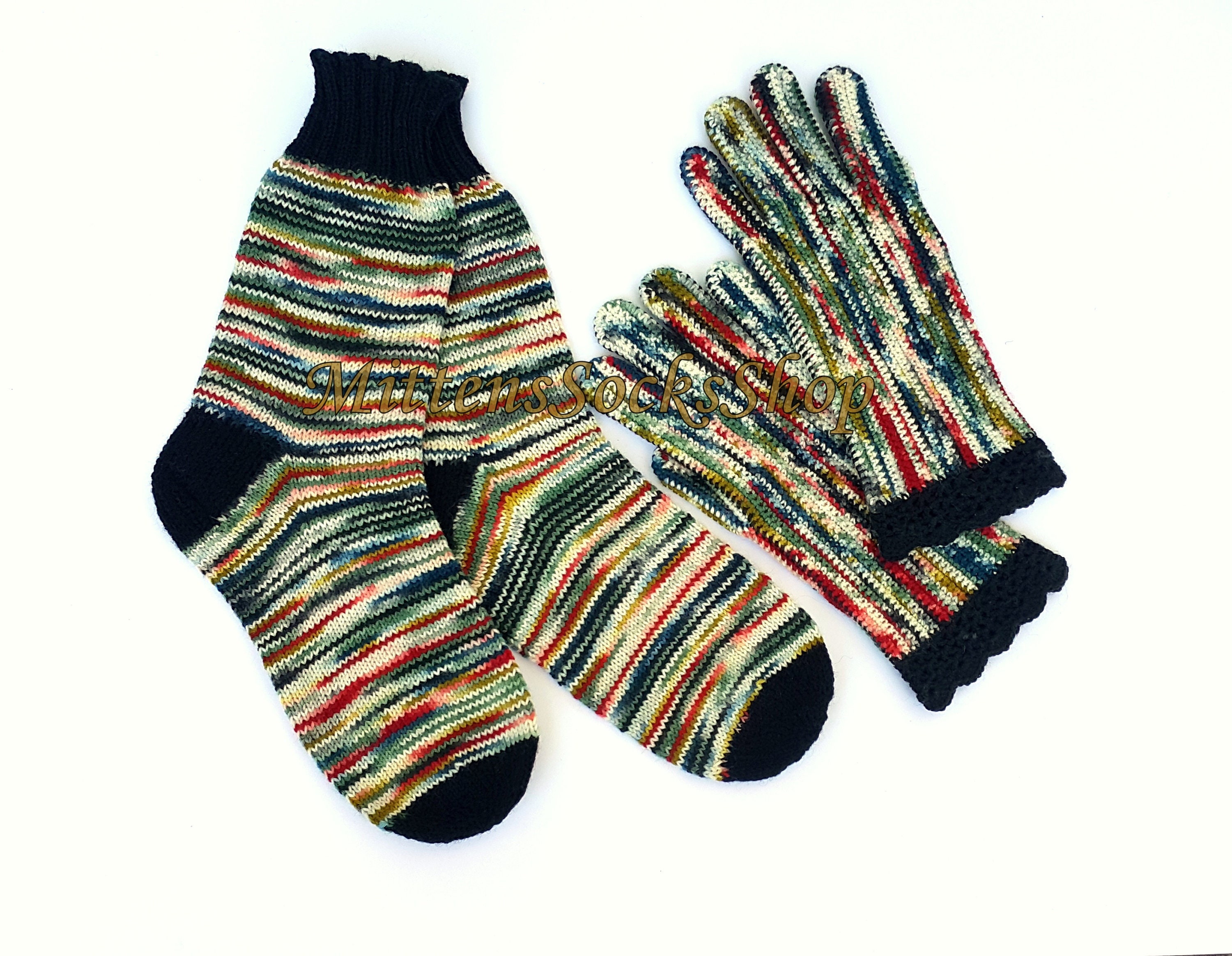 Multicolor Hand Knit Socks From Sock Yarn White Green Black Women's Girl's Men's Striped