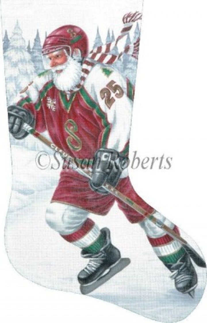 Needlepoint Handpainted Liz Goodrick Dillon Christmas Stocking Santa Hockey 21 -Free Us Shipping