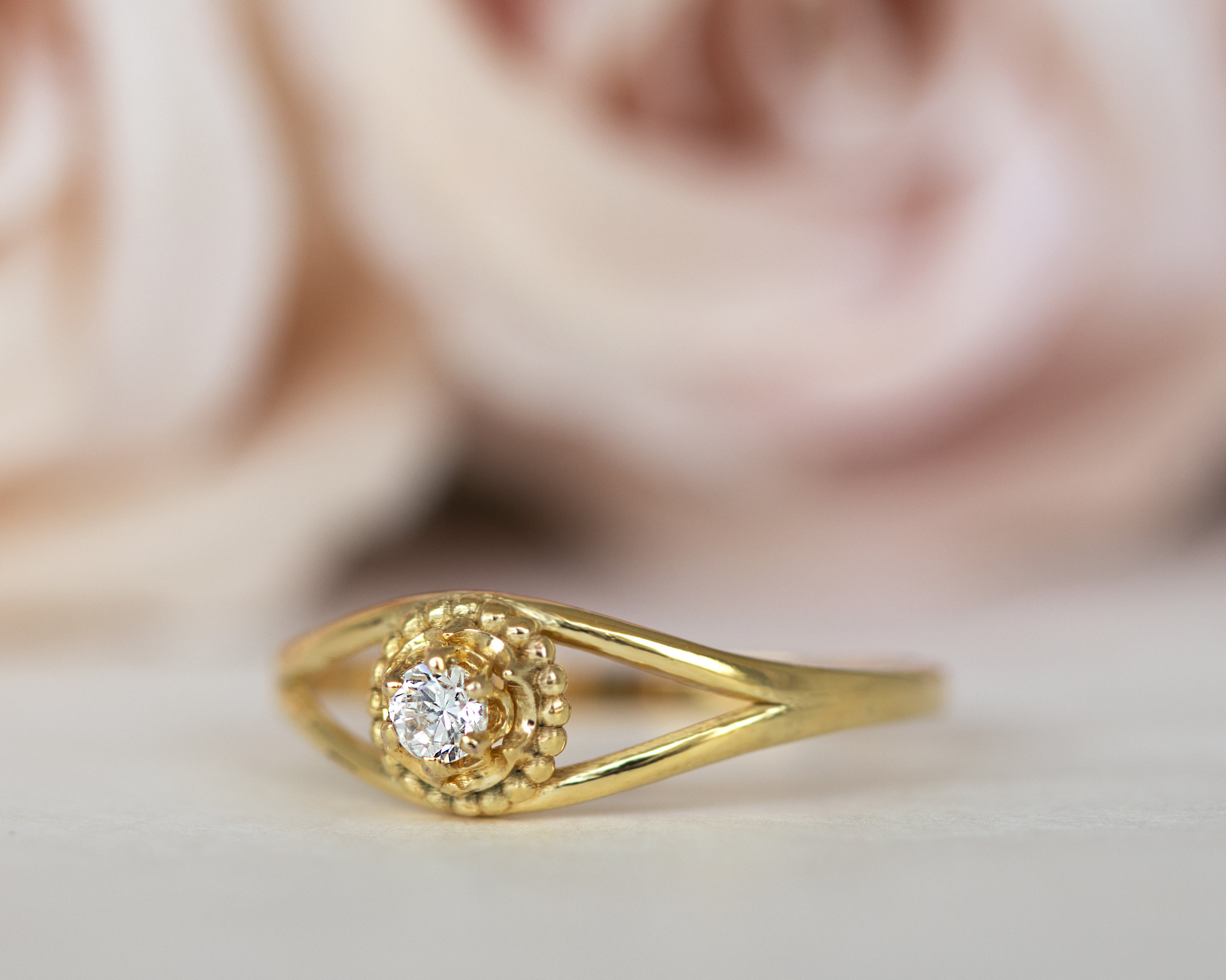 Vintage Diamond Engagement Ring, Gold Unique Small Diamond, Solitaire Ring