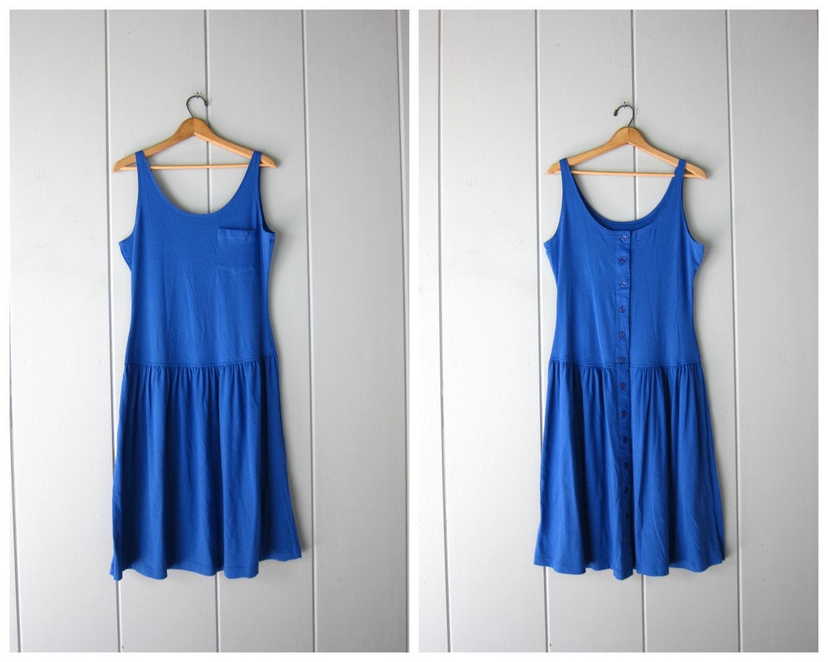 80S Blue Cotton Blend Tank Dress | Basic Drop Waist Sundress Vintage Button Up Back Sun