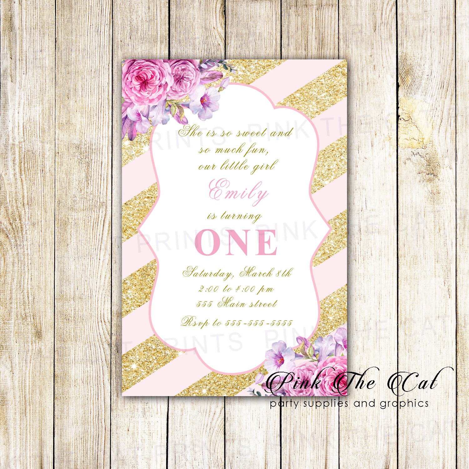 Blush Pink Gold Invitation, Girl Invitation Watercolor Flowers Birthday Printable For Girls