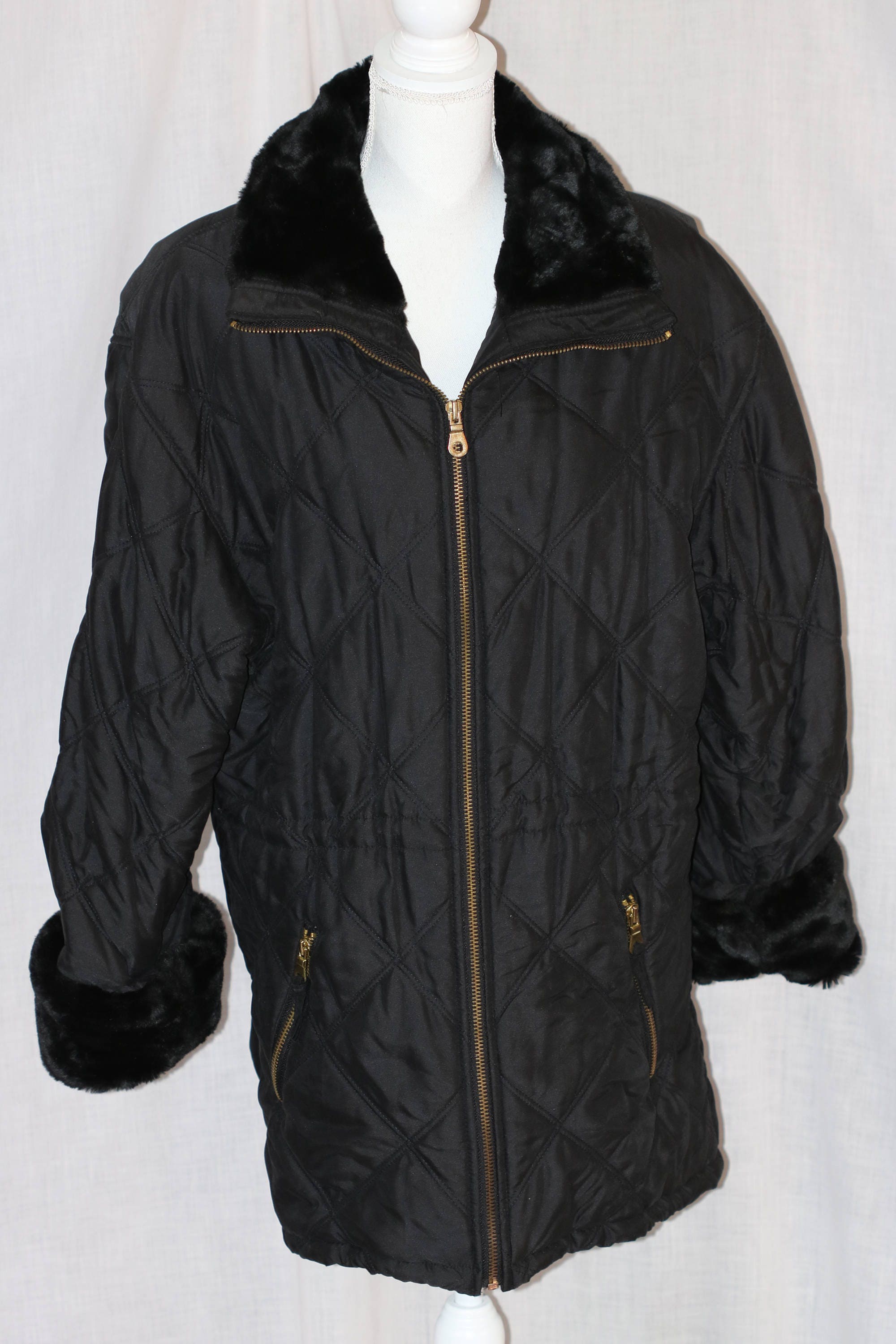 Vintage Colebrook Black Polyester Blend 33 Length Quilted Coat Jacket Size Large