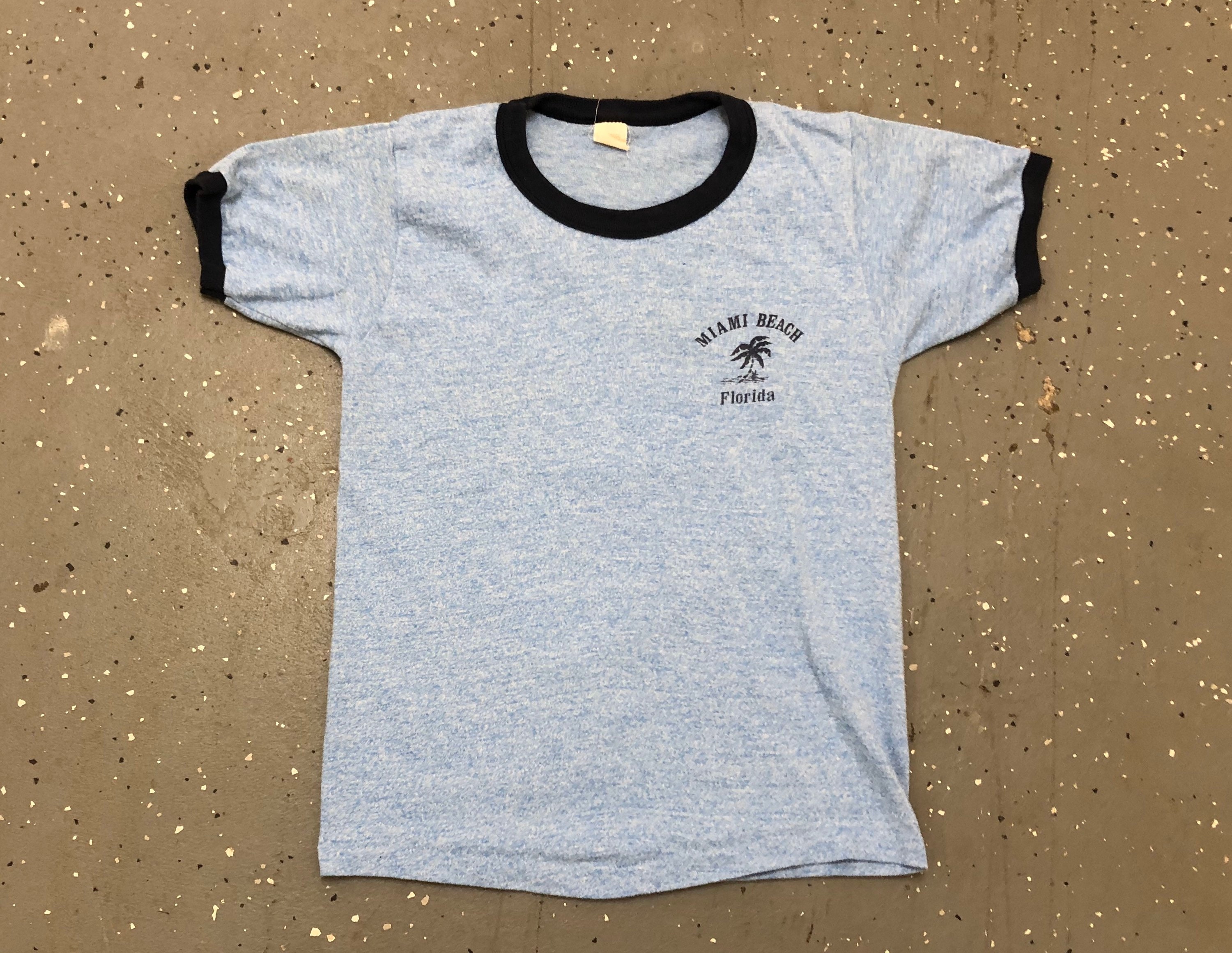 70S Miami Beach Souvenir Rayon Blend Tee 1970S Florida Ringer T-Shirt. Tri Blend Heather Blue Shirt