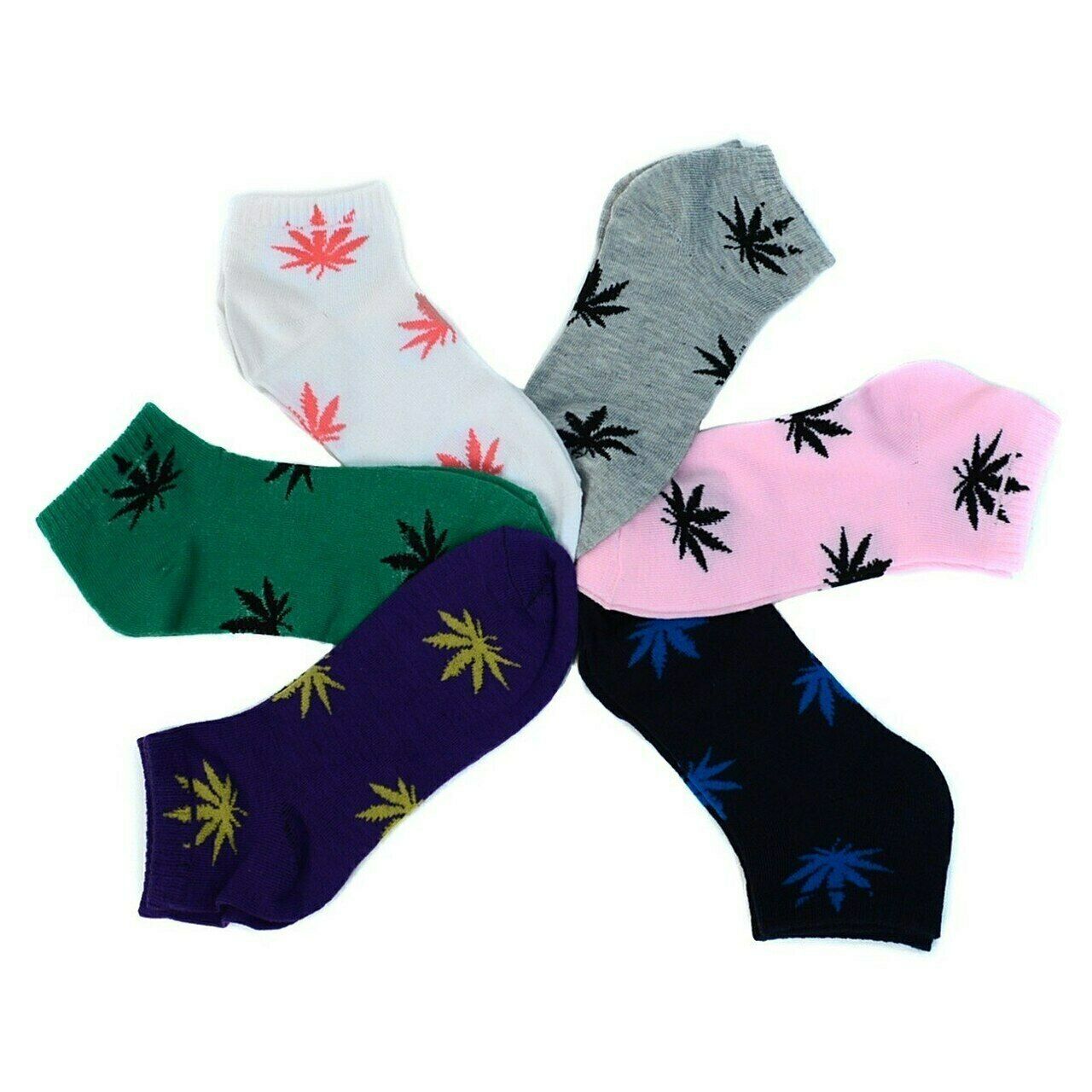 Nollia Women's Low Cut Cotton Blend Socks 6 Pack Marijuana Weed Leaf Print Green