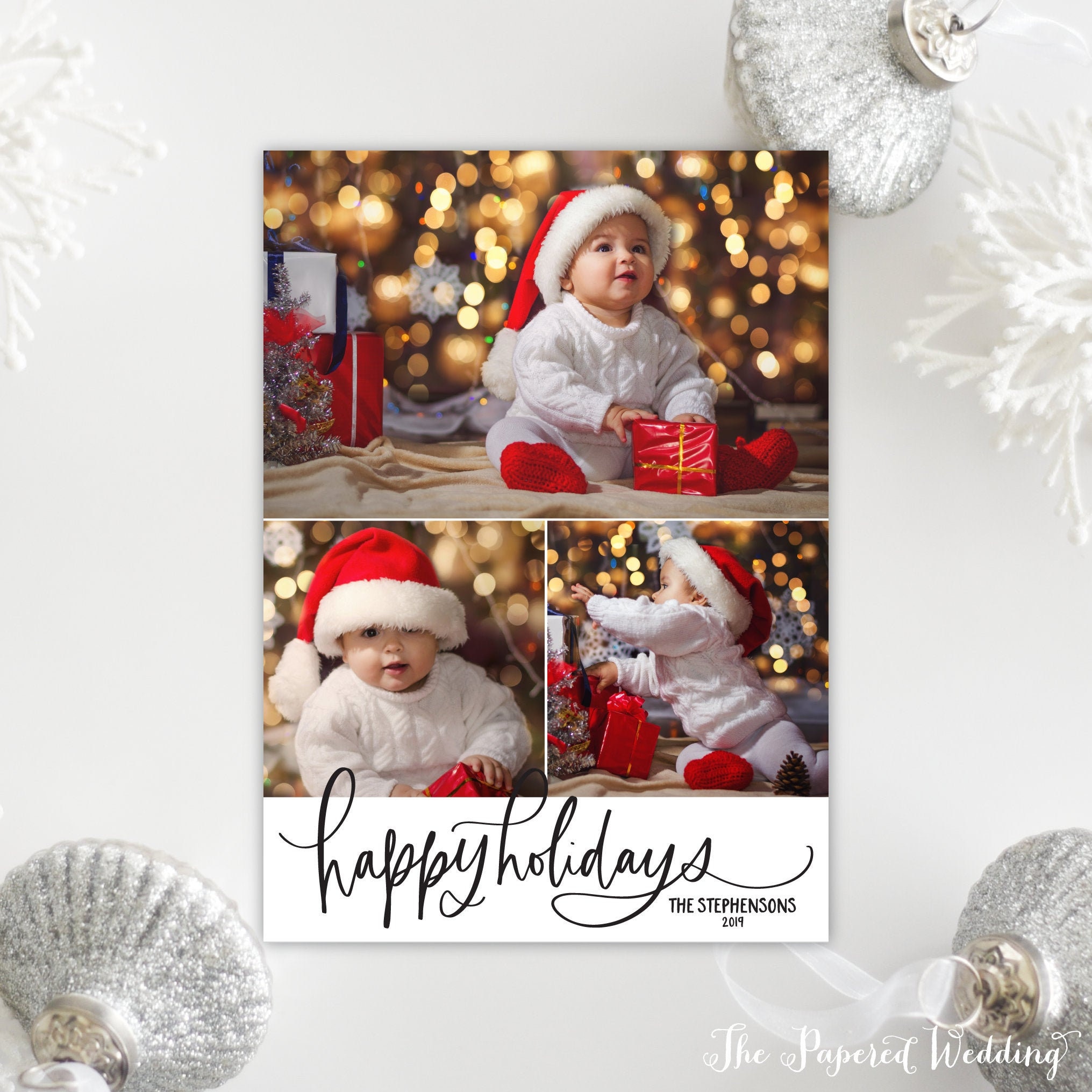 Printable Or Printed Happy Holidays Photo Cards - Three Pictures Christmas with Modern Holidays, Non-Religious Holiday 070 P3"