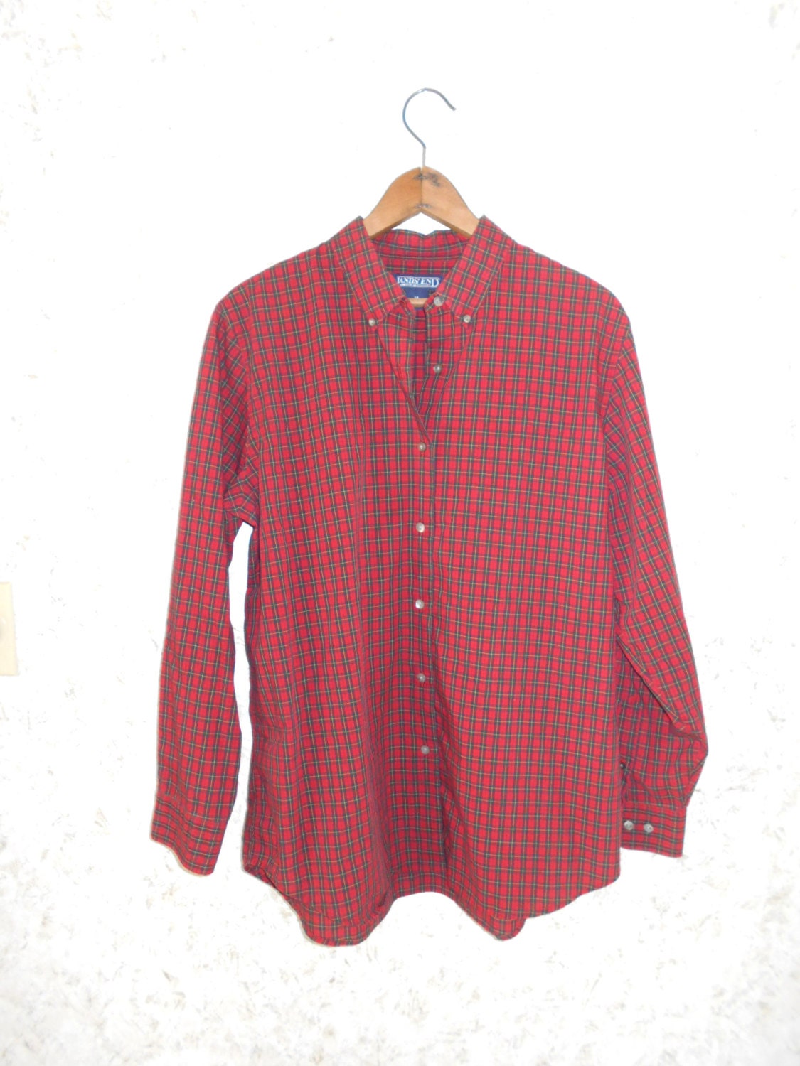 Vtg 80S Lands End Red Plaid Cotton Blend Blouse Shirt Top Button Front Long Sleeve Hipster Mod Womens Size 14