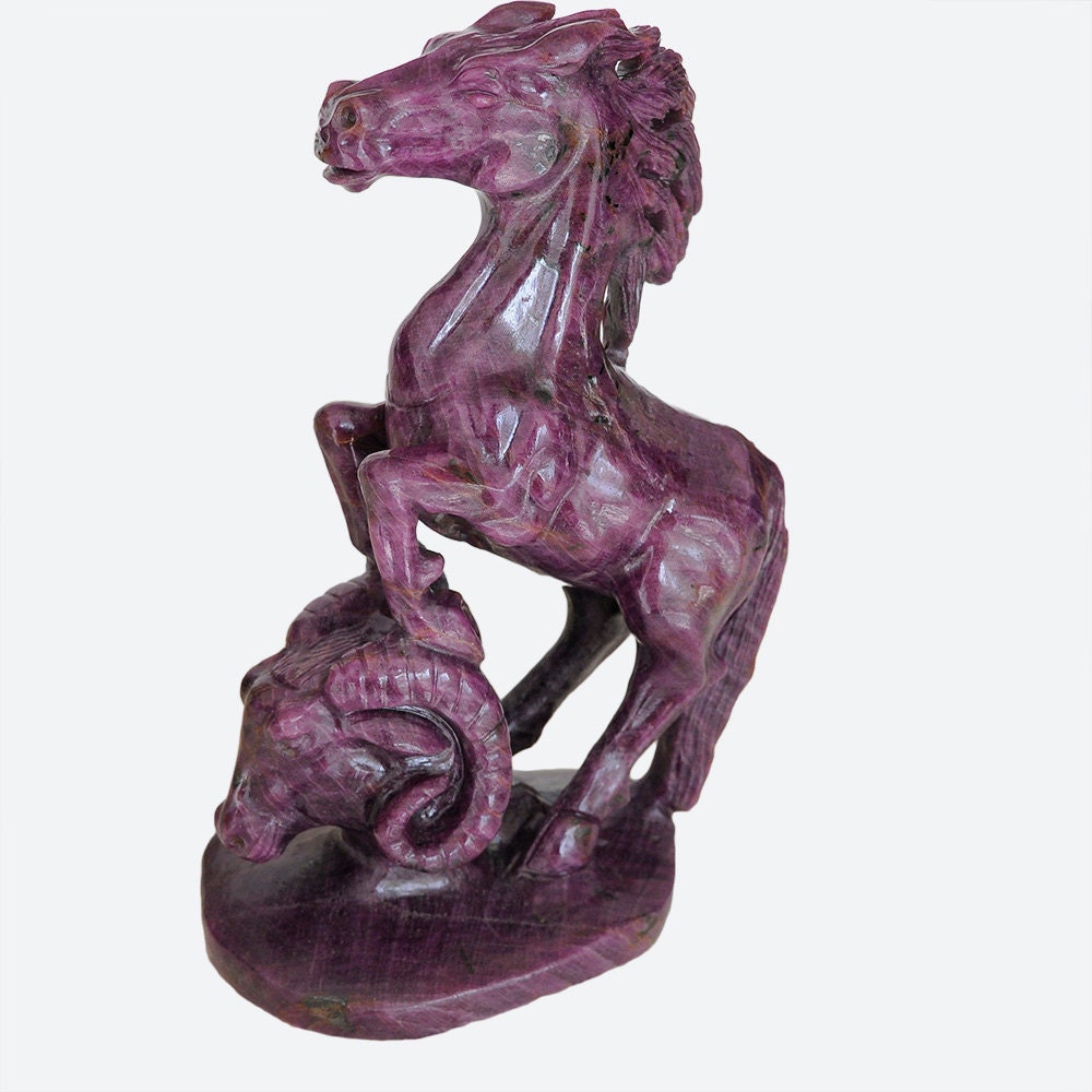Antique Exclusive Untreated 9600Ct Natural Genuine Ruby Gemstone Hand Carved Horse Ram Animal Figurine Art Work Sculpture 8.564 Inches