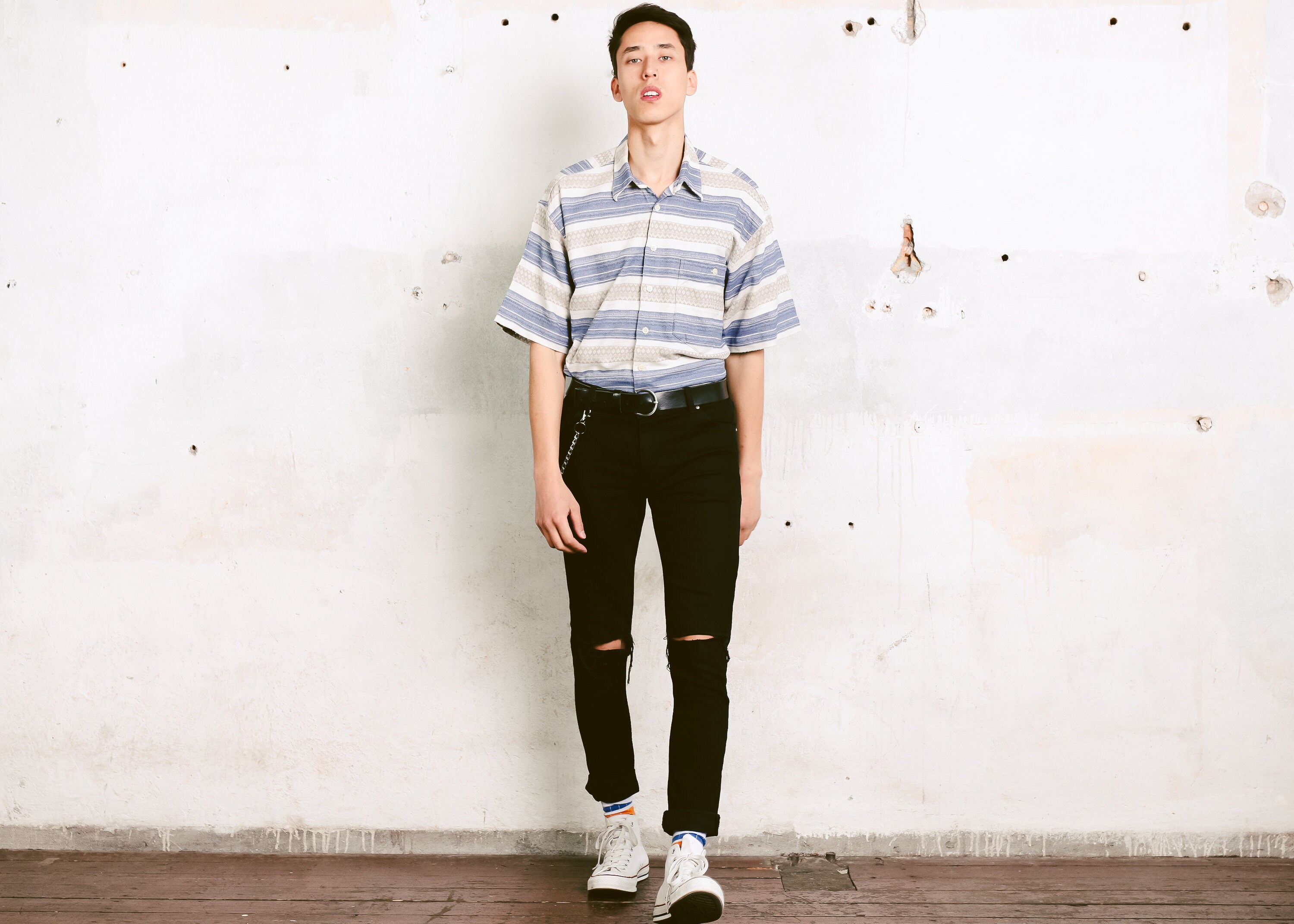 Linen Blend Aztec Shirt . Vintage Striped Short Sleeve Vacation Men Summer Top 90S Skater Oversized Size Extra Large Xl