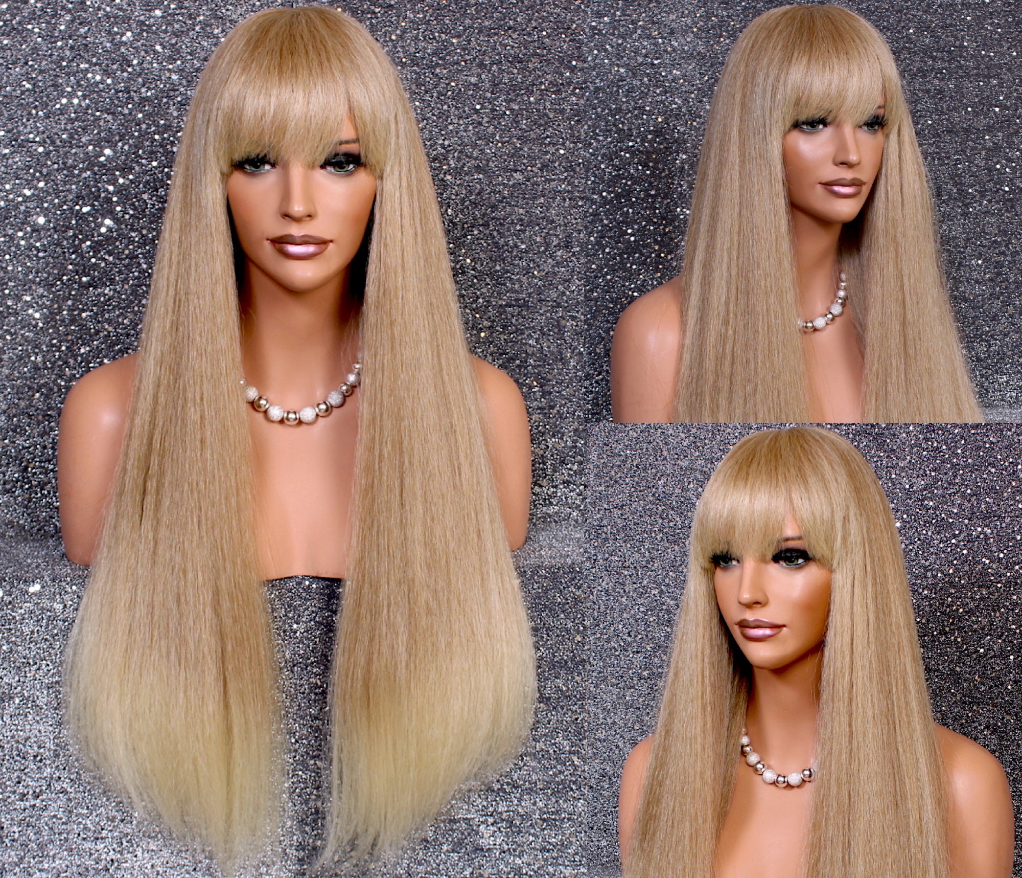 Human Hair Blend Body Crimpted Textured Long Blunt Bangs & Length Blonde Mix Heat Safe Wig Cancer/Alopecia/Cosplay