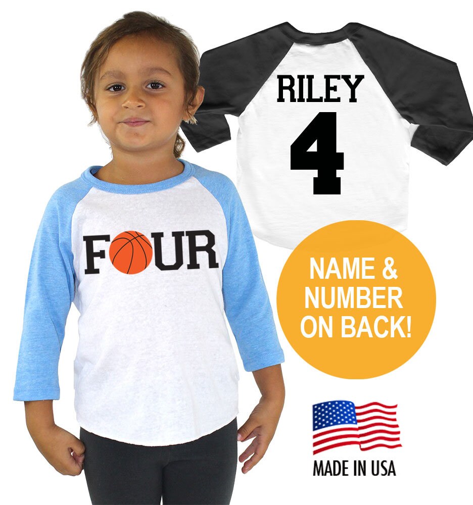 4Th Birthday Basketball 4 Tri-Blend Raglan Baseball Shirt - Personalized Name & Number On Back Toddler Sizes