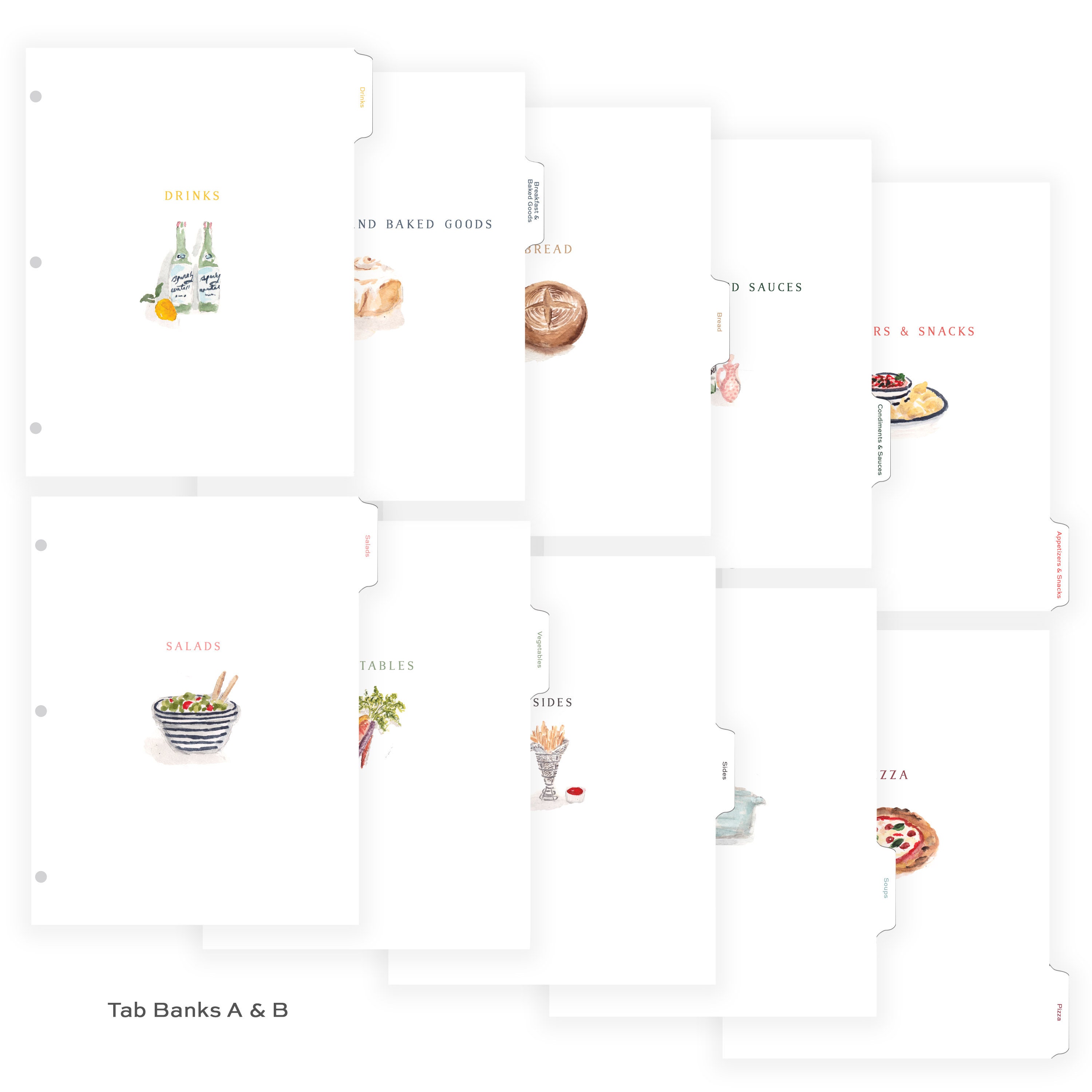 Tab Dividers For Recipe Binder - 20 Categories, Cute Standard Binder, Kitchen Tabs, Illustrated