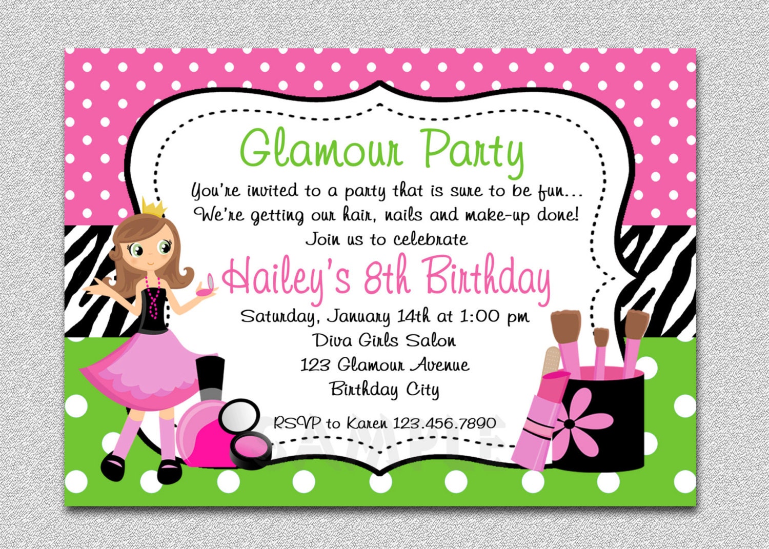 Glamour Girl Birthday, Spa Invitation, Birthday Party, Girls Invitation Printable, Party , Mani Pedi