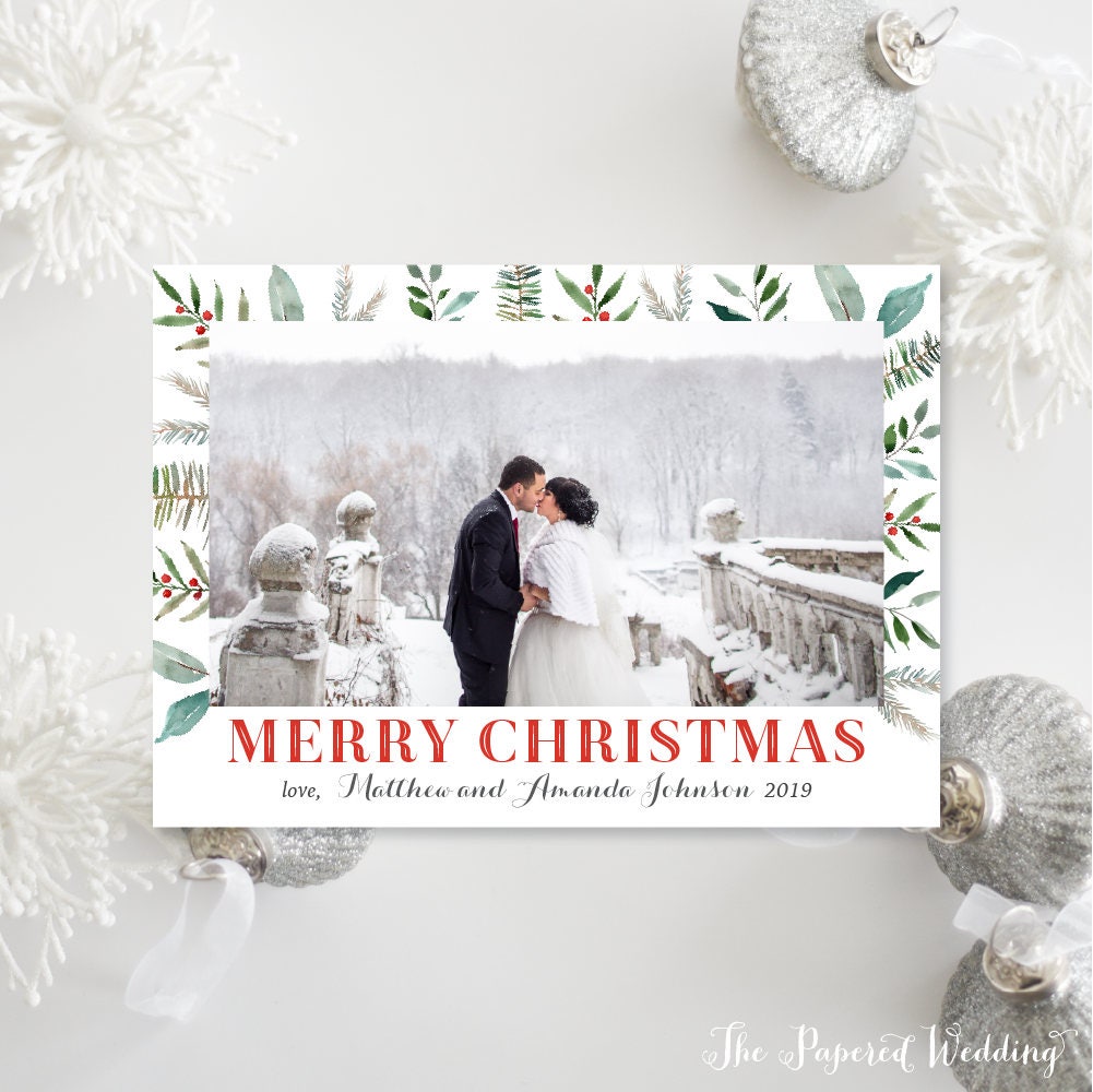 Printable Or Printed Photo Christmas Cards - Green & Red Holiday Greenery, Pine, Holly 012 P1