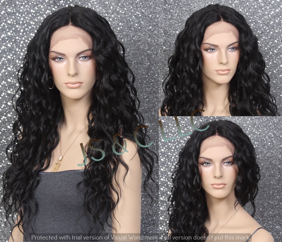 Care Free Curly Style Human Hair Blend Lace Front Wig Center Part Long Layered Black Cancer Alopeica Emo Anime Cosplay Theater