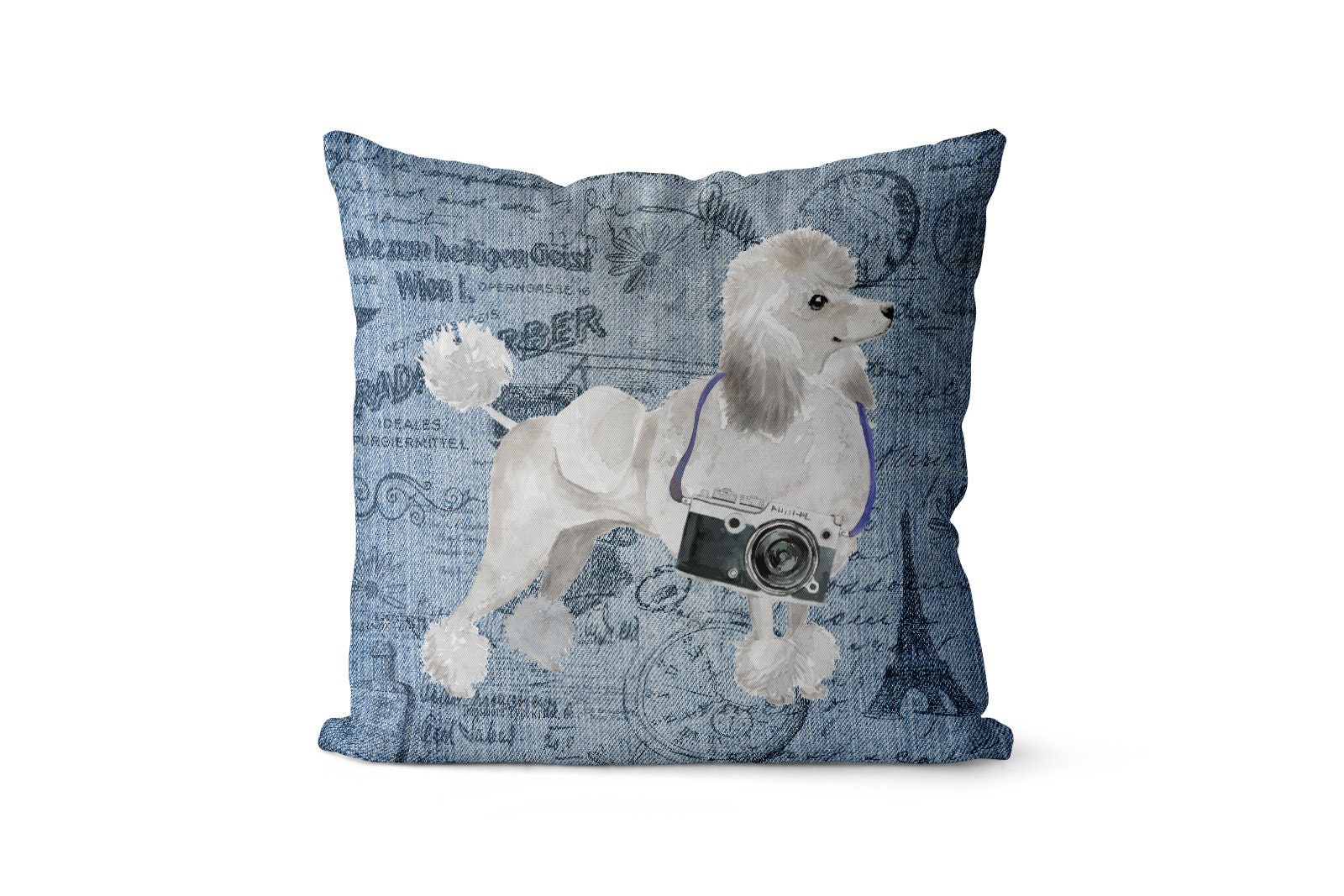 White Poodle Dog Inspired Throw Pillow - Large Denim Style Cushion With Filling Available in Linen Or Velour. Travel Collection