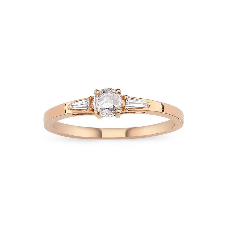 Rose Cut Diamond Ring | Three Stone Engagement |. Gold Trapeze Jewelry Gift For Her