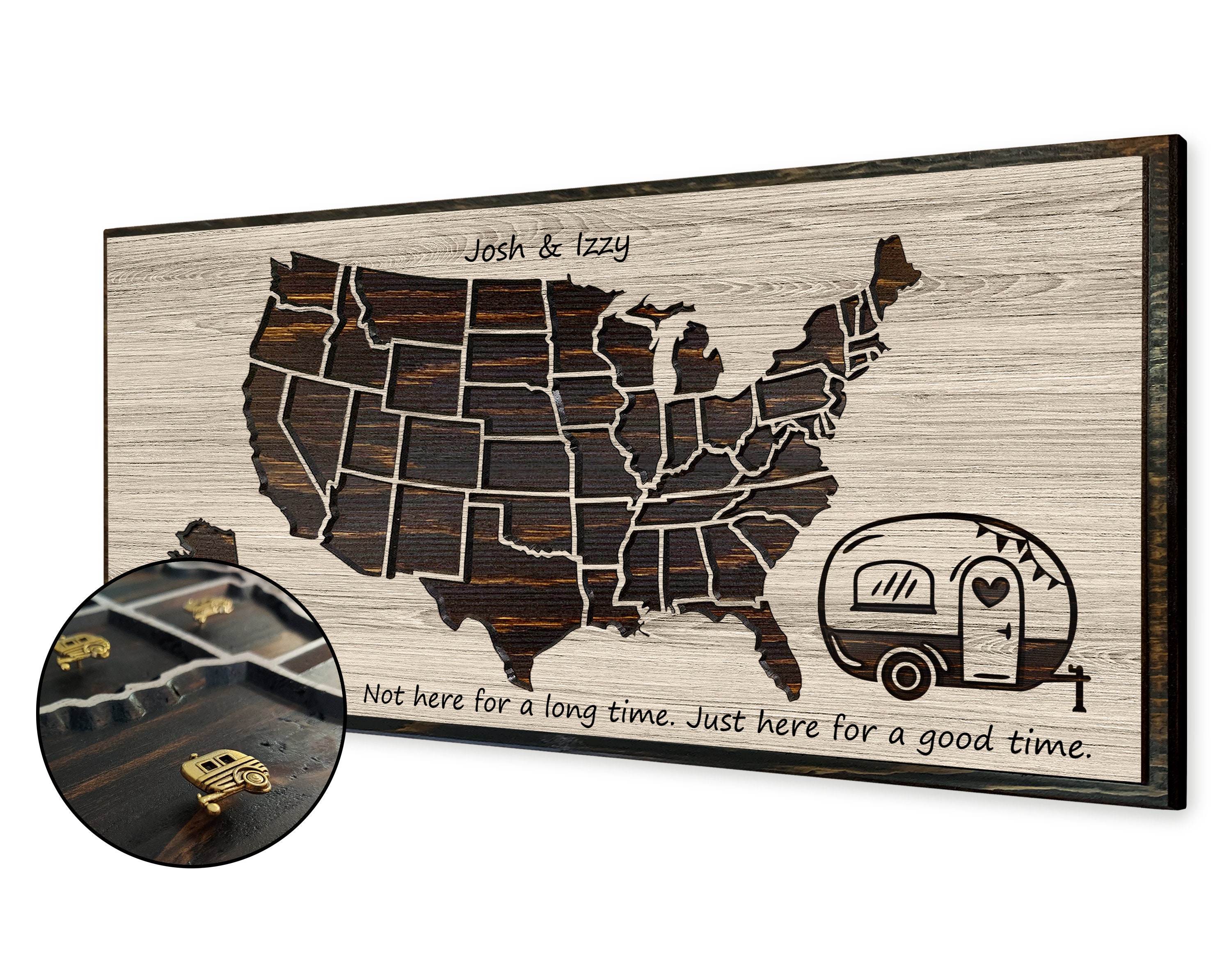 Couples Camping Art, Us Camper Travel Map, Carved Wood Push Pin Friendly To Mark & Hiking Trips Anniversary