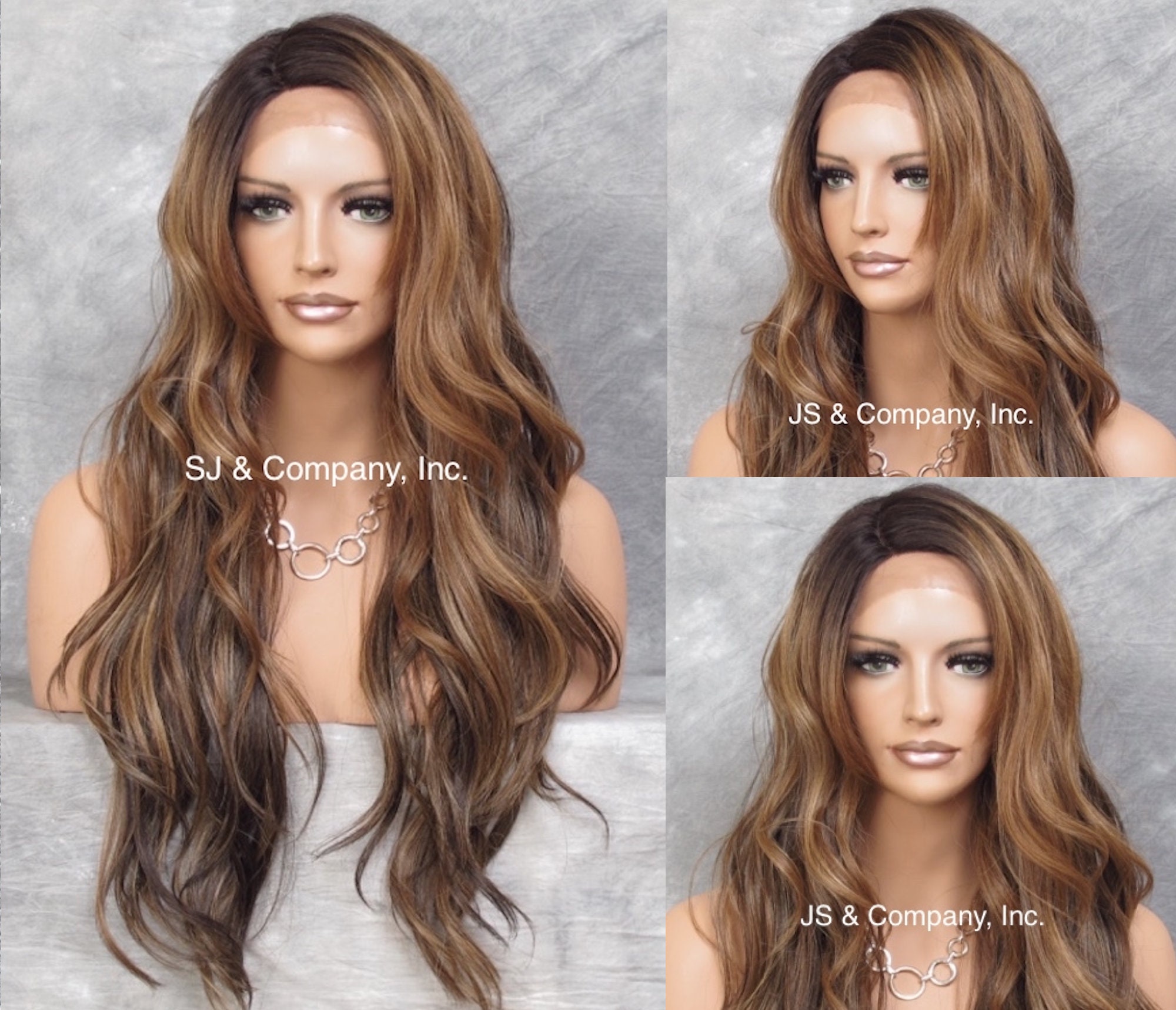Human Hair Blend Heat Ok Full Lace Front Wig Wavy Carmel Brown Mix Darker Roots Long Side Hand Tied Part Cancer/Alopecia/Cosplay