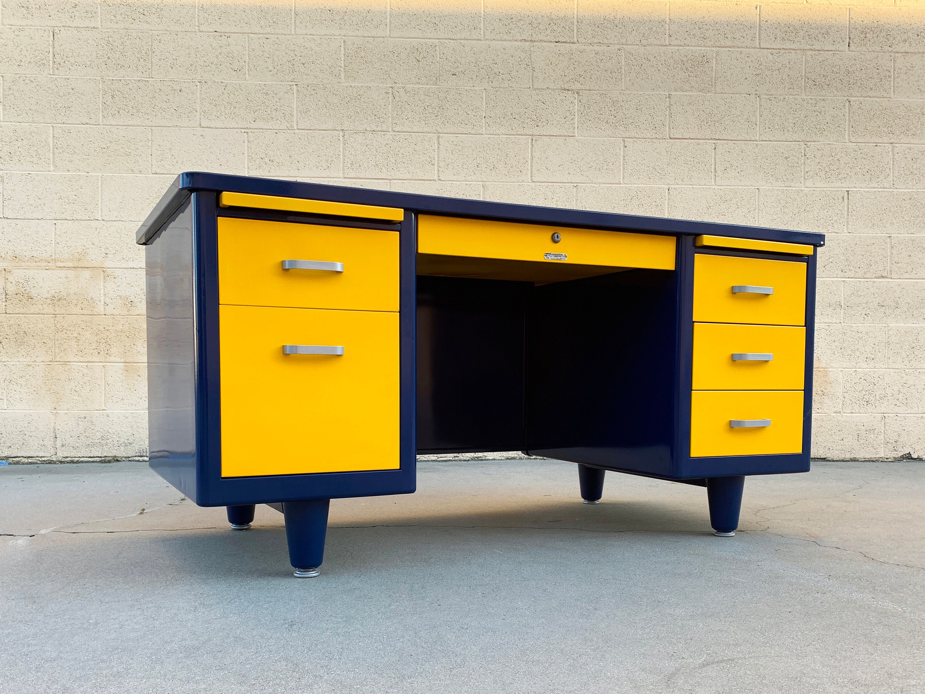 Mid Century Tanker Desk Custom Refinished in Blue & Yellow, Free U.s. Shipping
