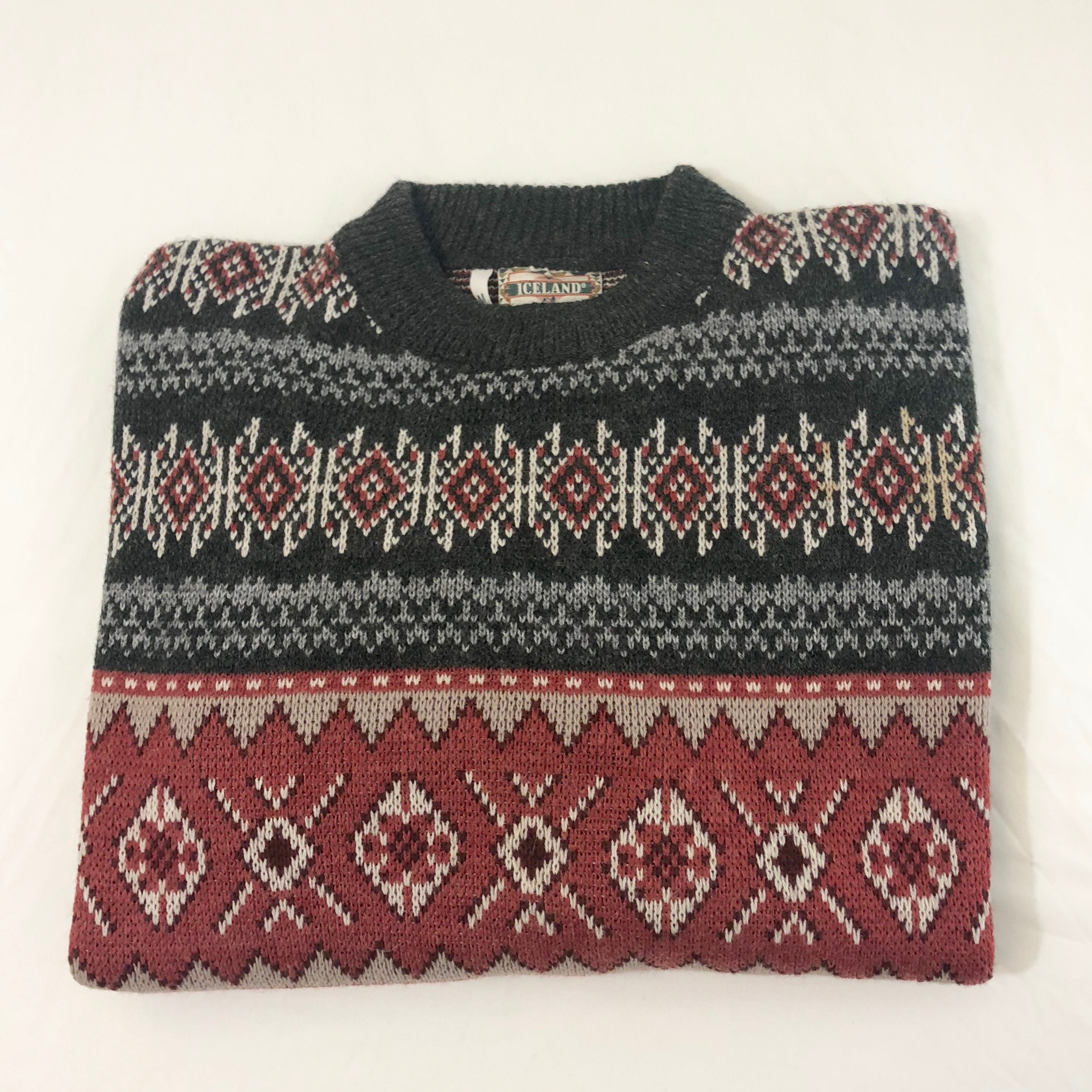 Vintage Iceland Gray Pattern Wool Blend Long Sleeve Sweater Sz M