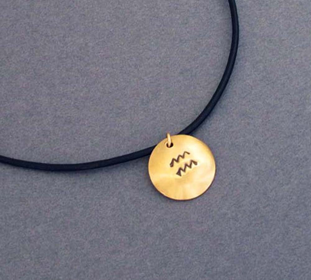 On Sale Aquarius Zodiac Necklace Gold Tone Brass Pendant Black Leather Cord January February Birthday