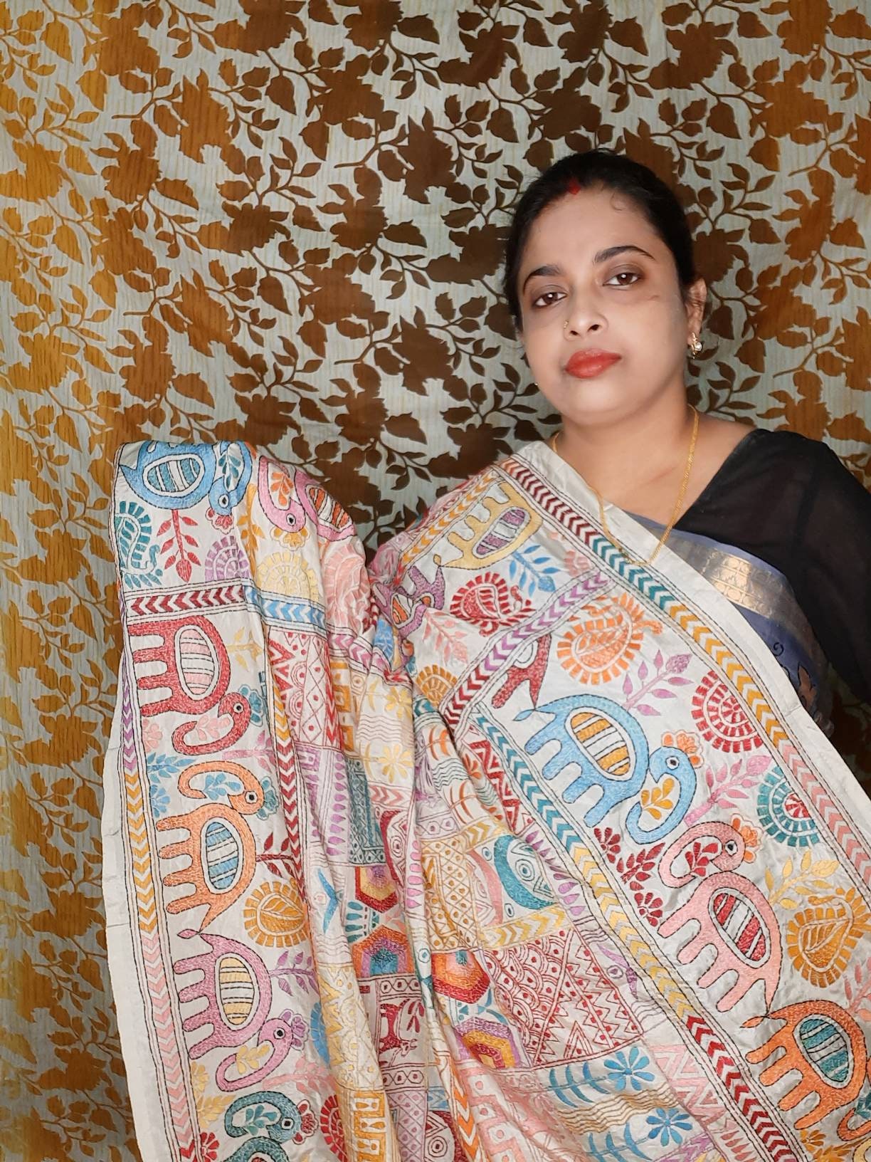Hand Kantha Stich Saree Over Blended Bangalore Silk & Running Blouse Piece