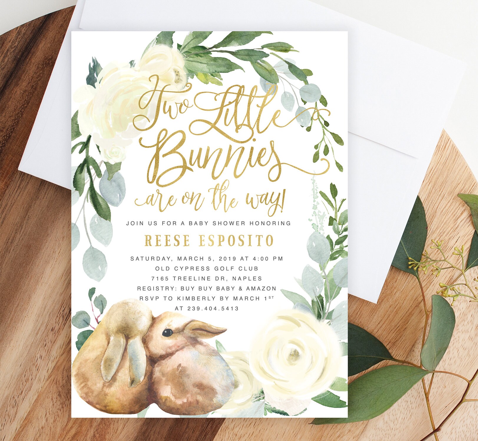 Twin Baby Shower Invitation, Boy & Girl Bunny Neutral, White Gold Reese
