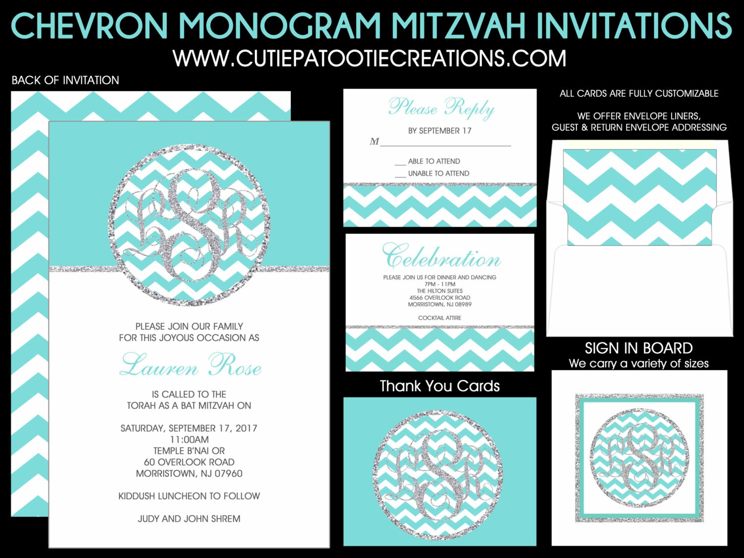 Chevron Bat Mitzvah Invitation With Silver Glitter Pattern & Monogram Initials - Add Rsvp Card, Party Thank You Notes, Addressing