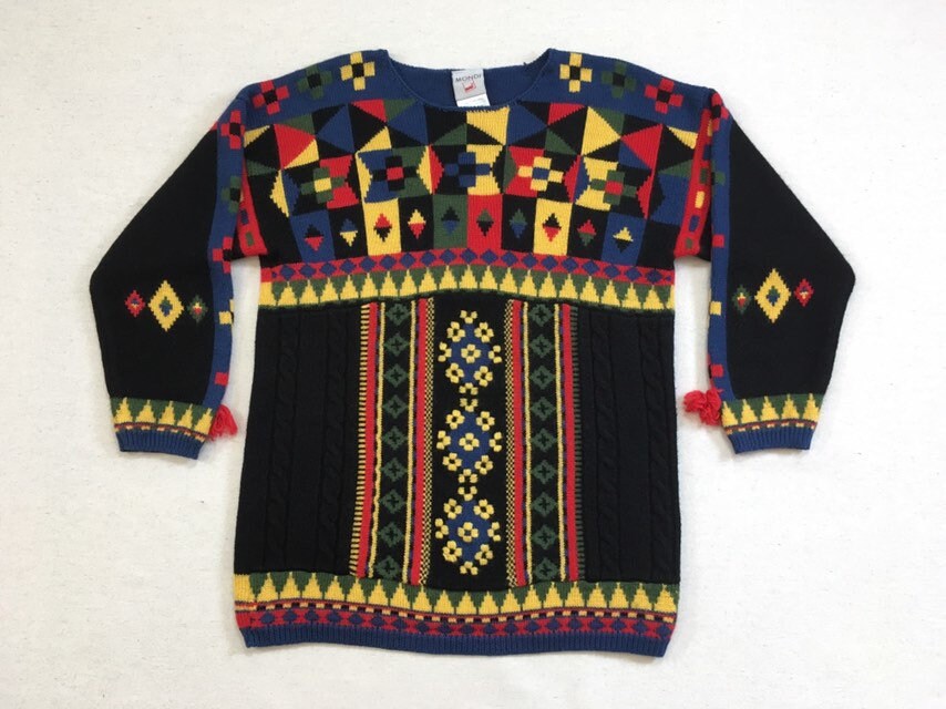 1980's, Wool Blend, Sweater, in Black, With Red, Blue, Yellow & Olive, Geometric Design, By Mondi