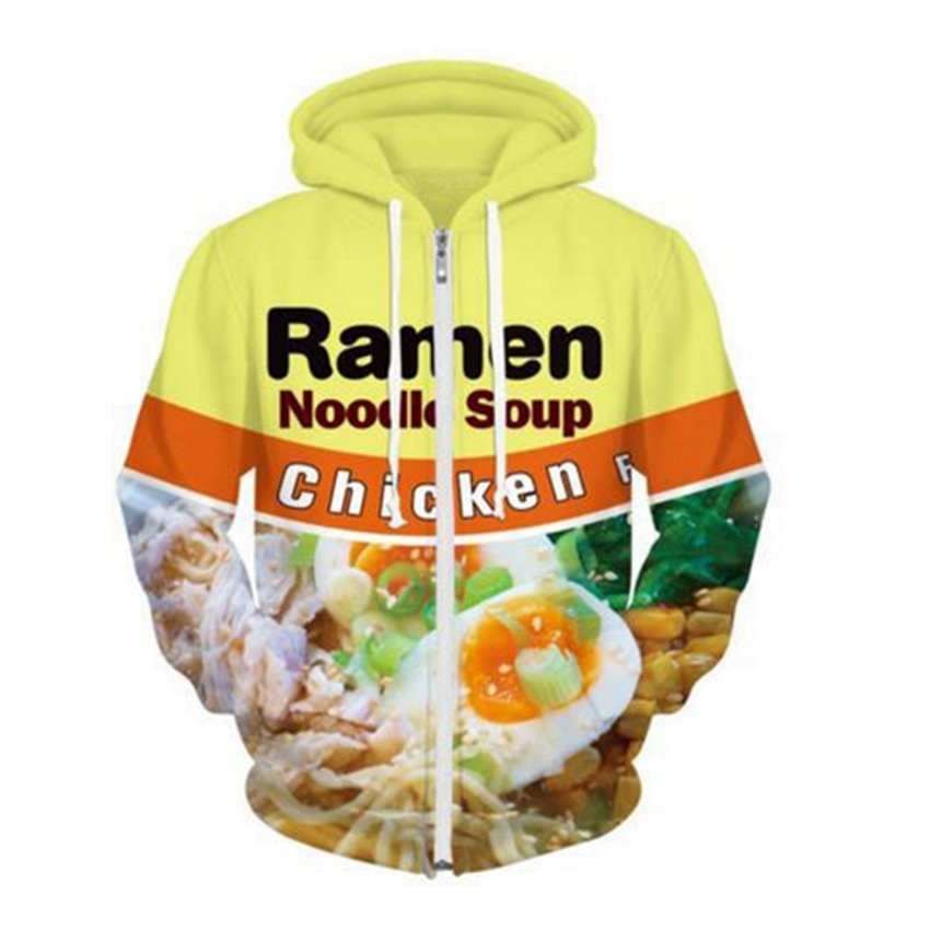 Ramen Noodle Soup Zip-Zup Sweatshirt Jacket Chicken Letter Hoodies Yellow Jumper