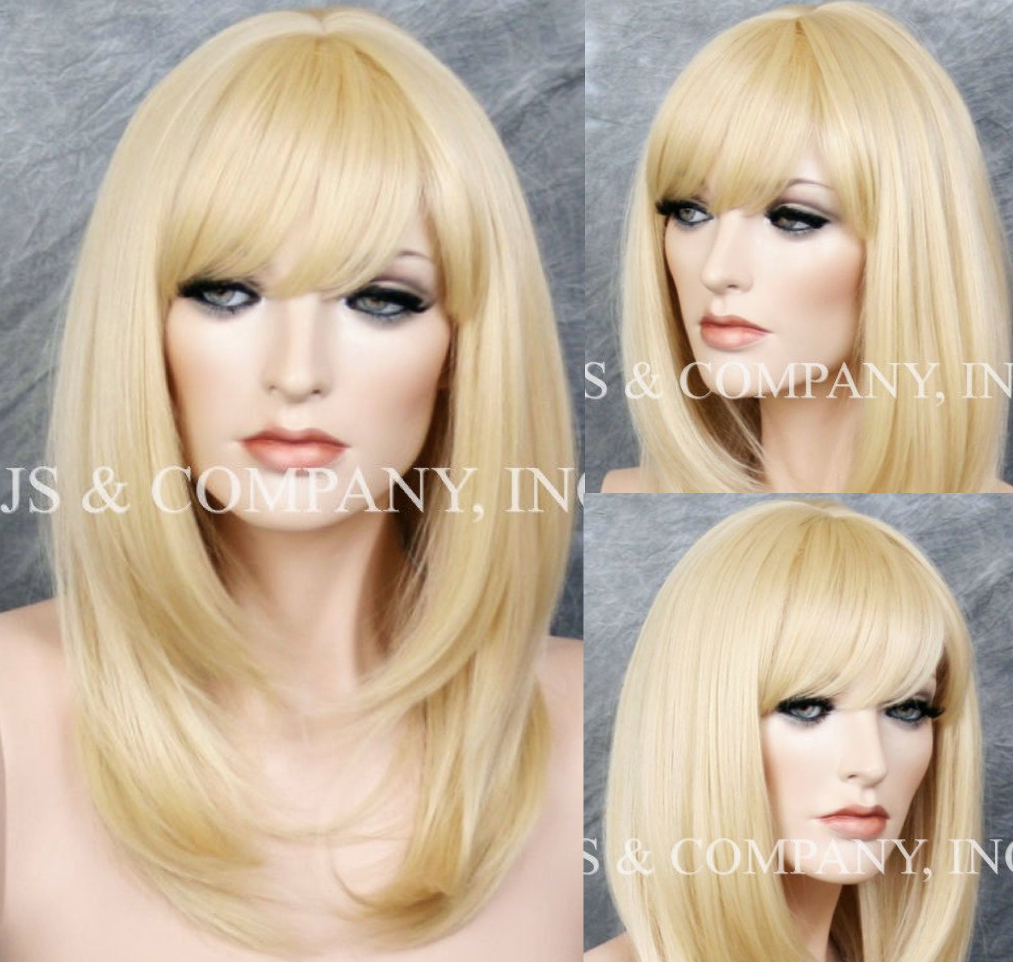 Natural Bleached Blonde Human Hair Blend Heat Safe Wig Straight Long Full Bangs Face Framing Cancer Alopecia Theater Cosplay