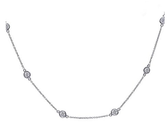 1.0 Carat Bezel Set Round Moissanite Diamond By The Yard Necklace-18Inch Cable Chain in Sterling Silver