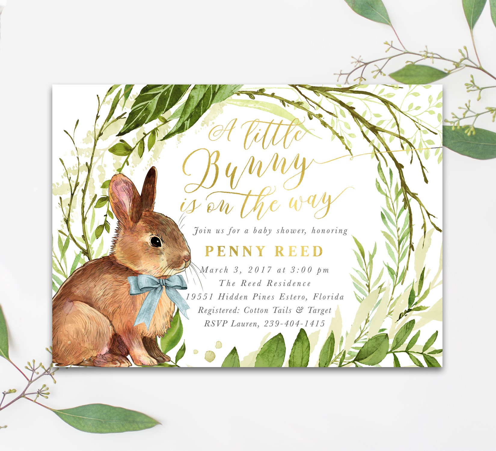 Bunny Baby Boy Shower Invitation, A Little Is On The Way Invite, Invitation - Blue Penny