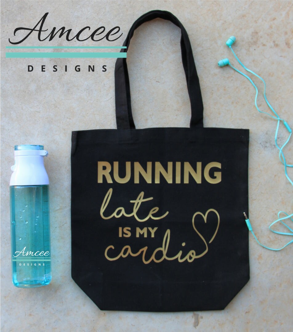 Custom Canvas 13.5 Inch Tote Bag | Running Late Is My Cardio Humor Funny Fitness Quote Gym Working Out Birthday/Holiday Gift
