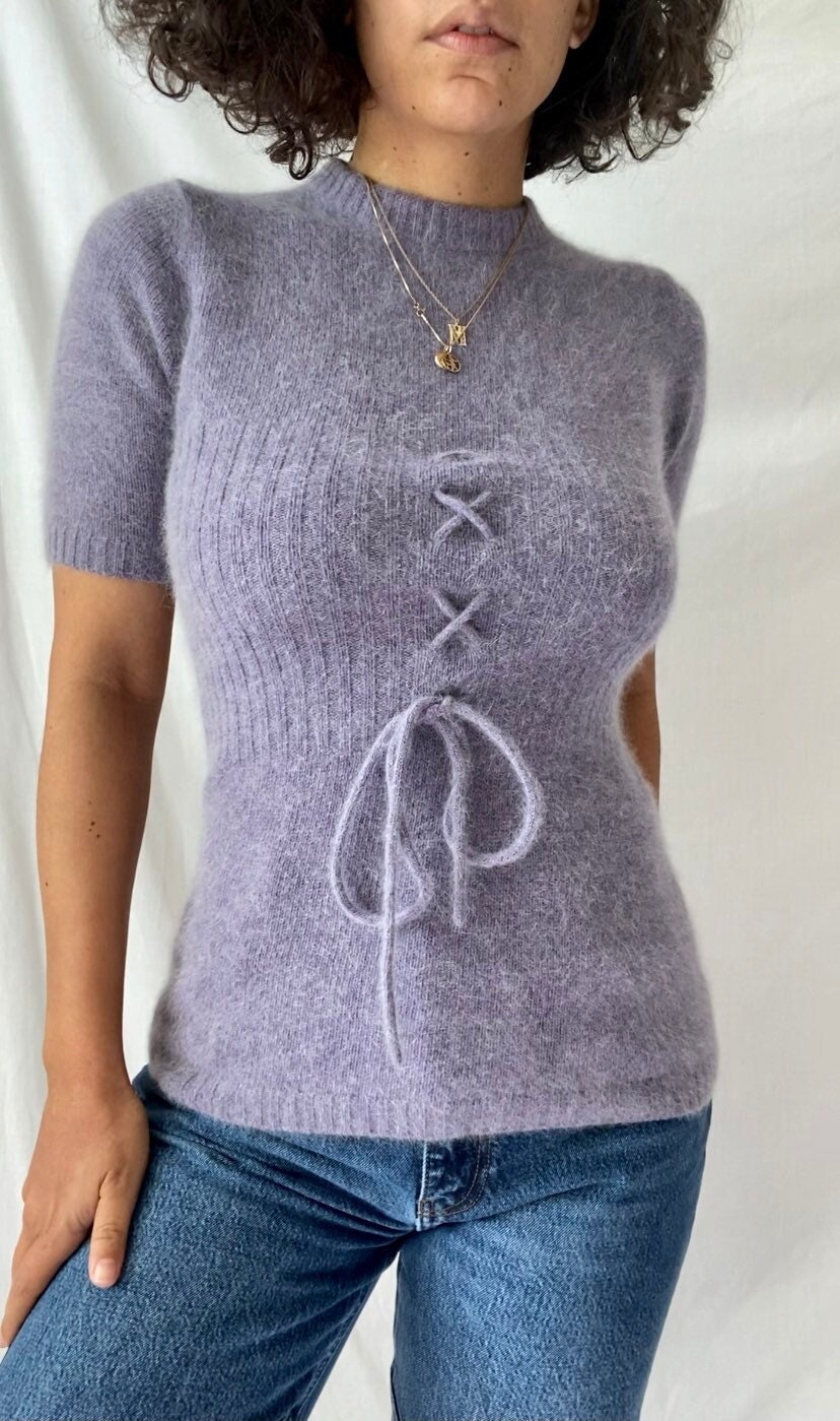 Vintage 90S Angora Lambswool Blend Lavender Short Sleeve Sweater/Small Medium