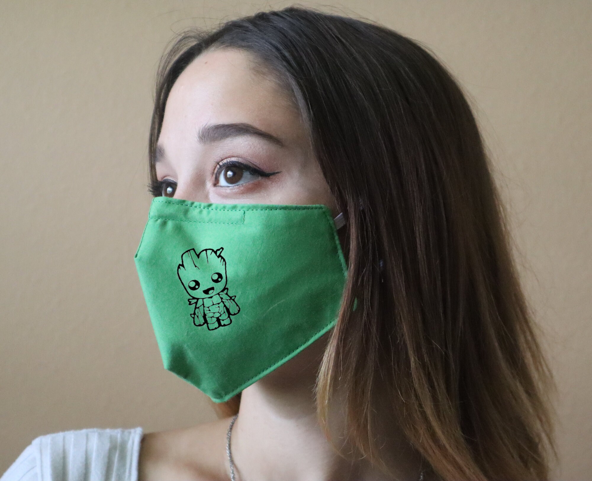 Handmade Cotton Blend Customizable Face Masks With Adjustable Ear-Loops - Super Heroes- Groot Adult Large 10 X 6.5"