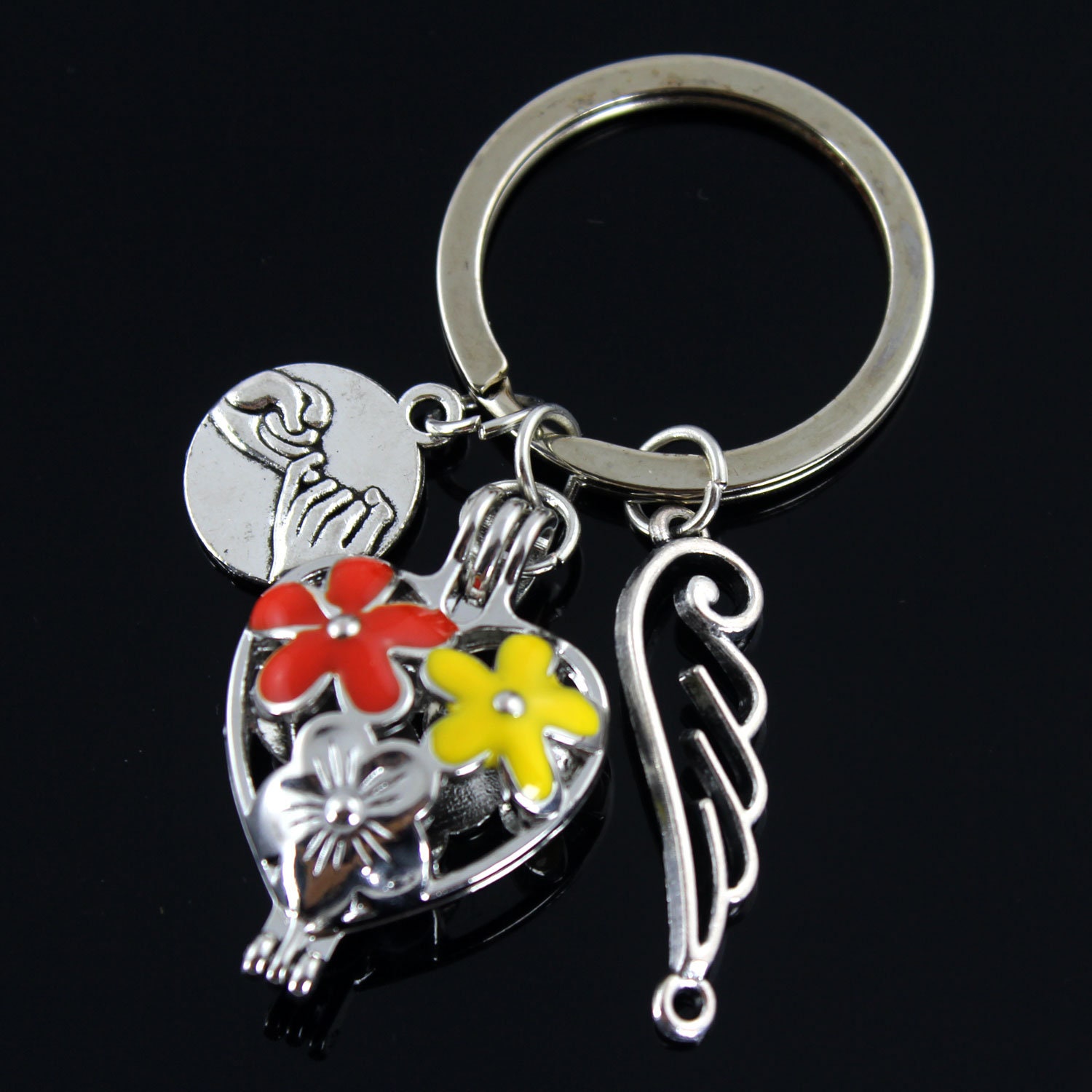 Heart Keychain, Promise Keyring, Angle Wing Jewelry, Flowers in Gift For Her