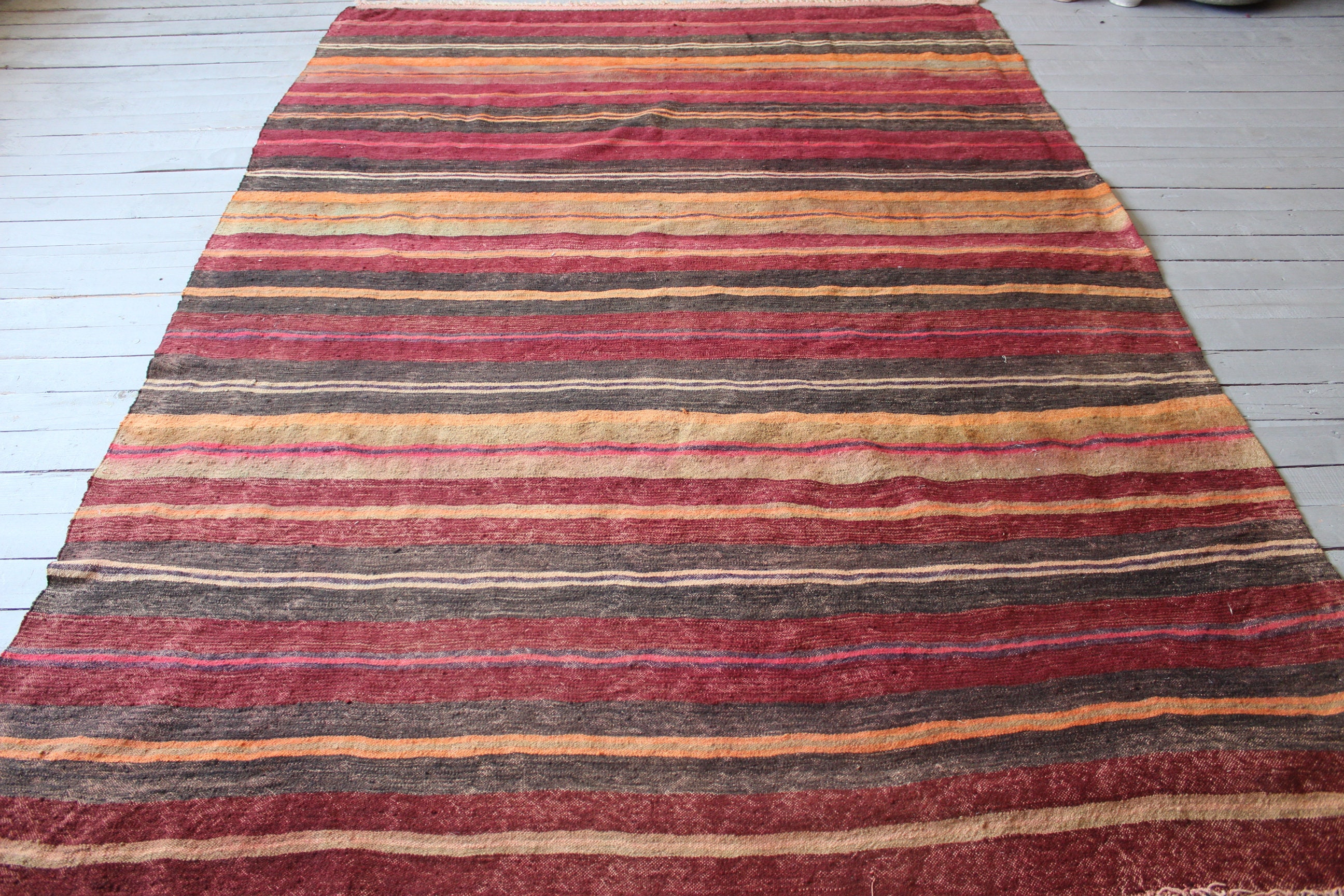 Turkish Striped Kilim , Ethnic Handwoven Wool Kilim, Bohemian Rug 6'2x8'4 Feet Free Shipping"