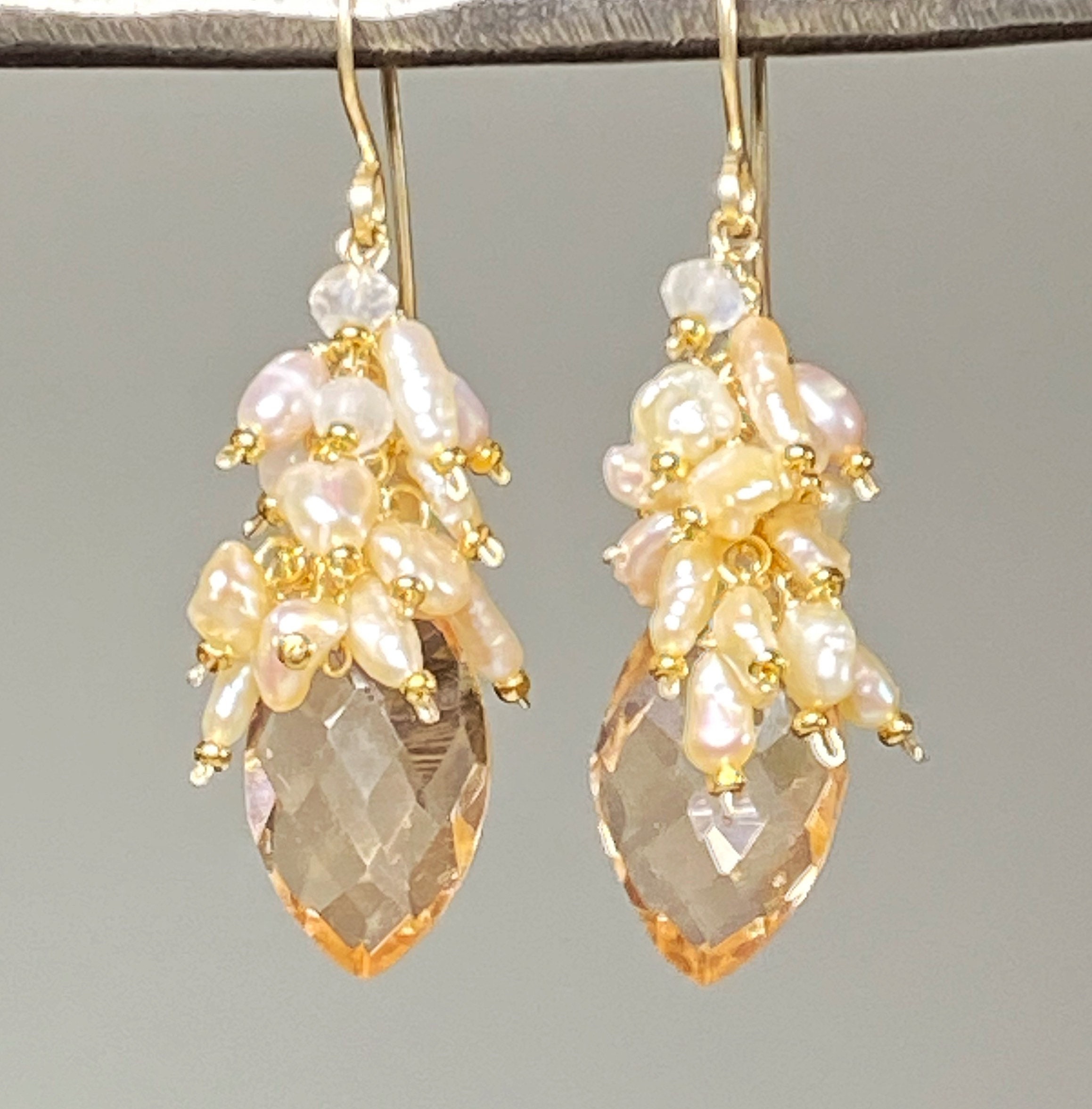 Peach Earrings Wedding Earring Mother Of Bride Groom Blush Keishi Pearl Cluster Quartz Gemstone Gold Fill Lever Back