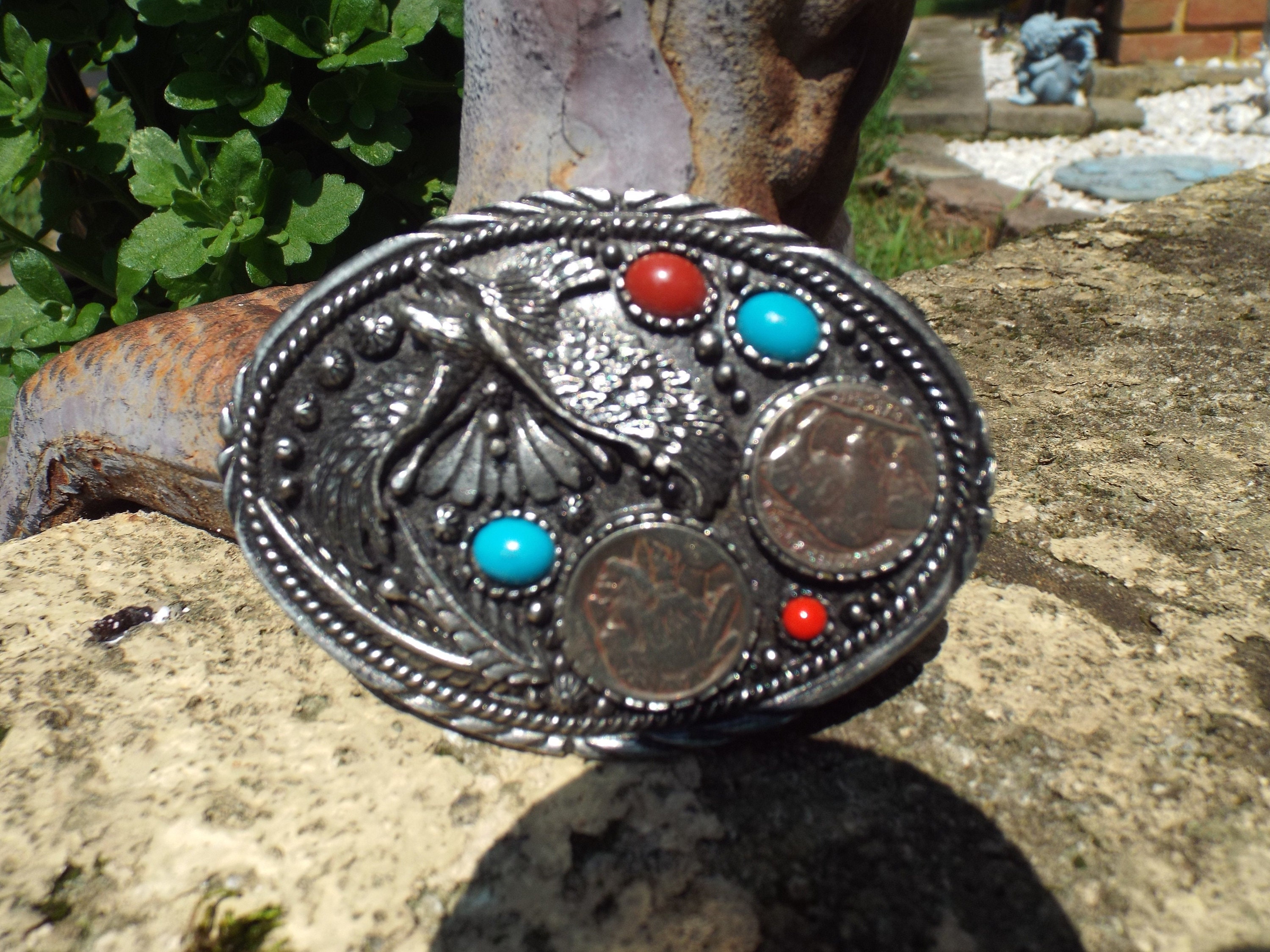 Classic Vintage Eagle With 2 Buffalo Nickles Faux Turquoise & Coral Belt Buckle Signed Ram