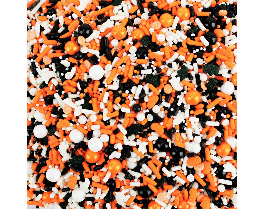 Halloween Sprinkle Blend - Mix Of Jimmies, Non-Pareils, Ghosts, Pumpkins Pearls & Dots in Orange, Black White