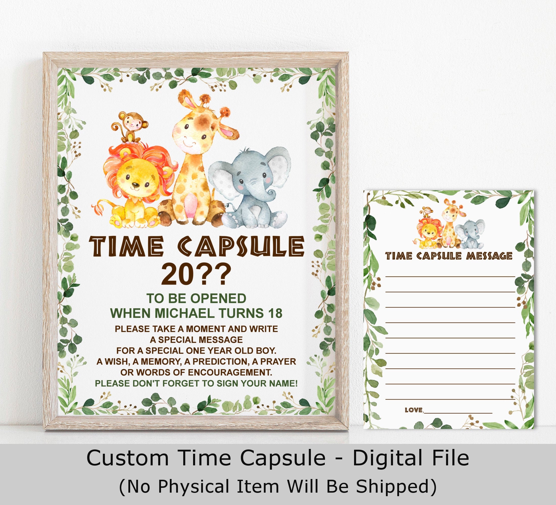Time Capsule Safari Birthday Jungle Wild One Animals First Party Printable File A91 C76