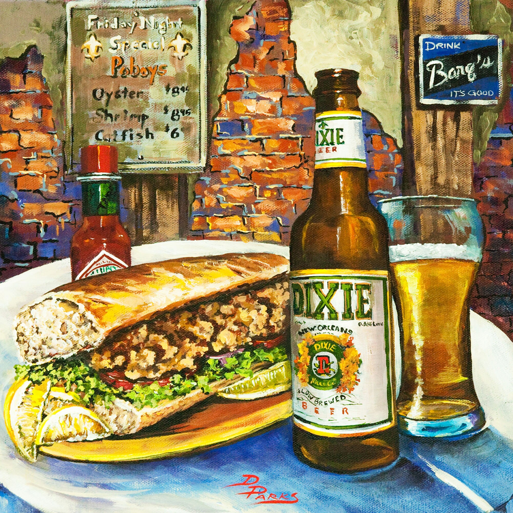 New Orleans Seafood, Fried Shrimp Po'boy, Dixie Beer, Tabasco Hot Sauce, Food, Kitchen Art - "Friday Night Special'