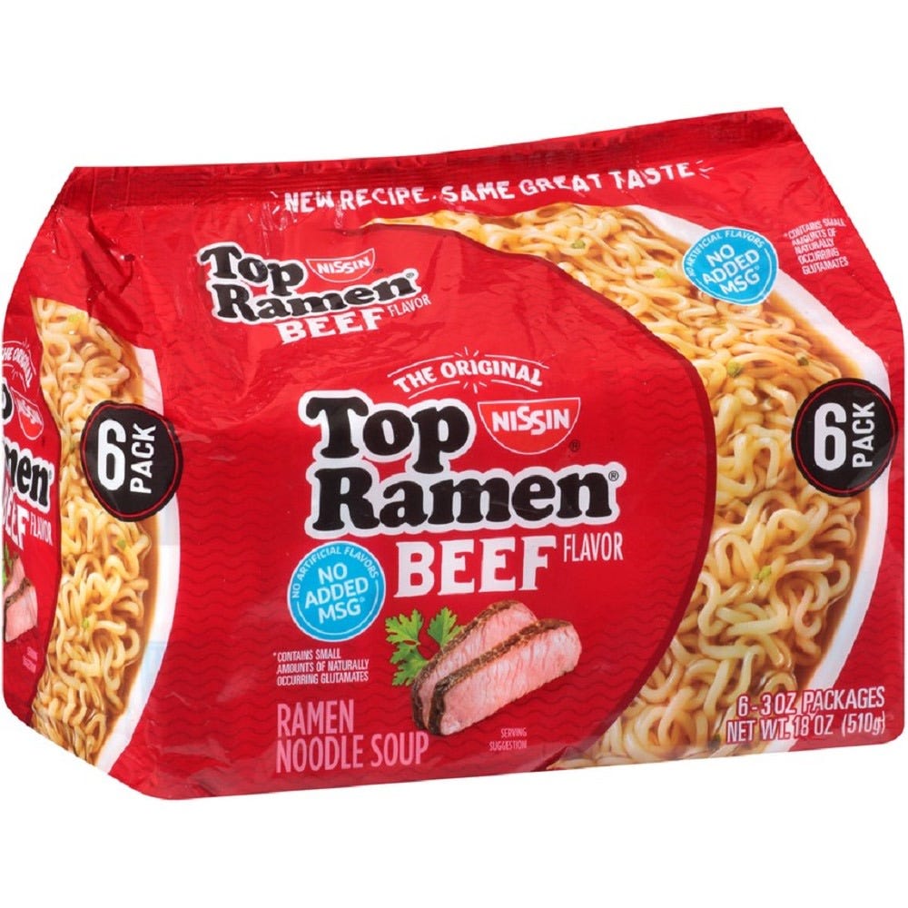 Nissin Ramen Noodle Soup, Beef Flavor, 3 oz packages - 6 ct