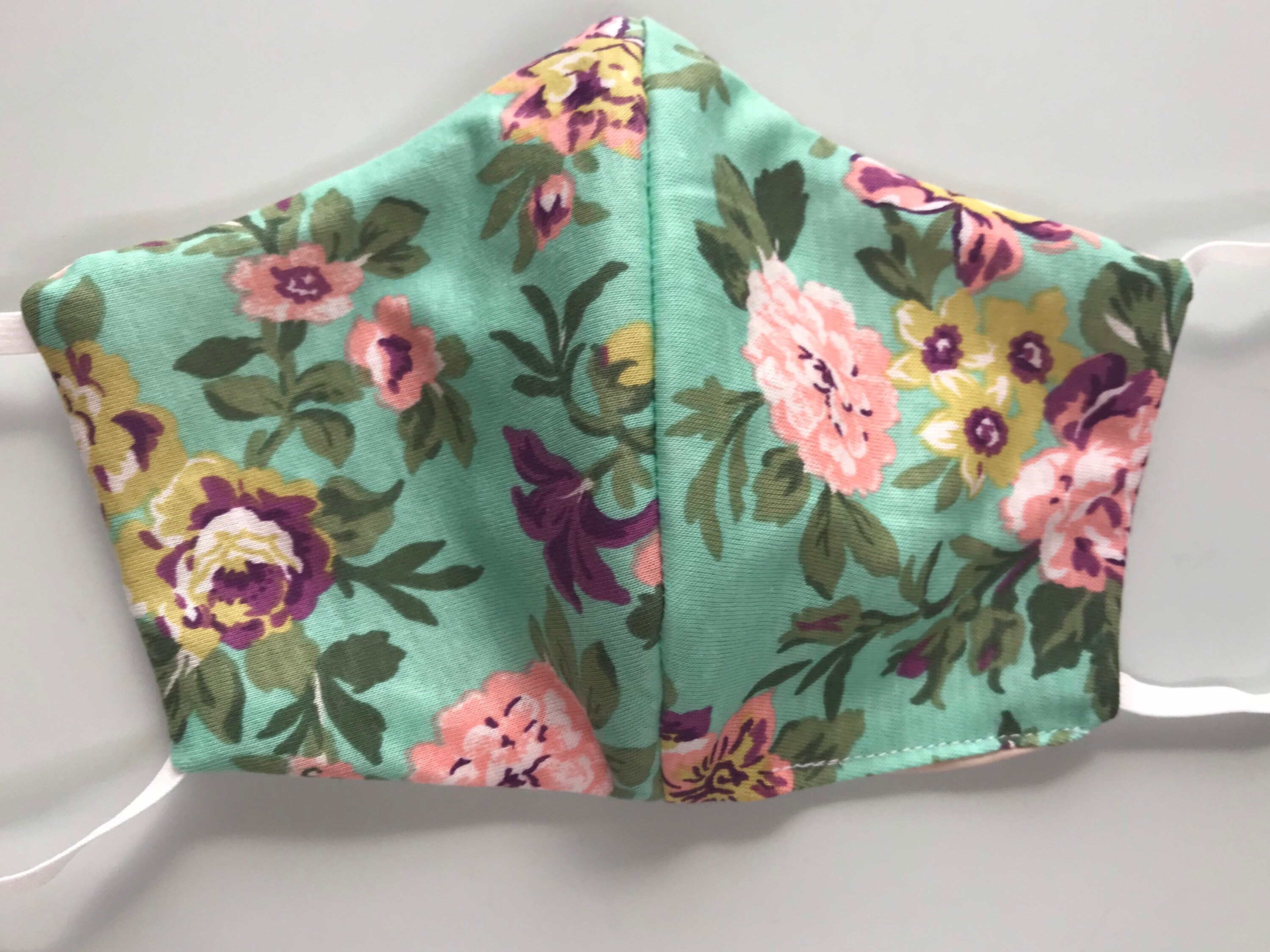 Floral Face Mask - Cotton Spandex Blend Fabric, Solid Color On Back, Adult Size