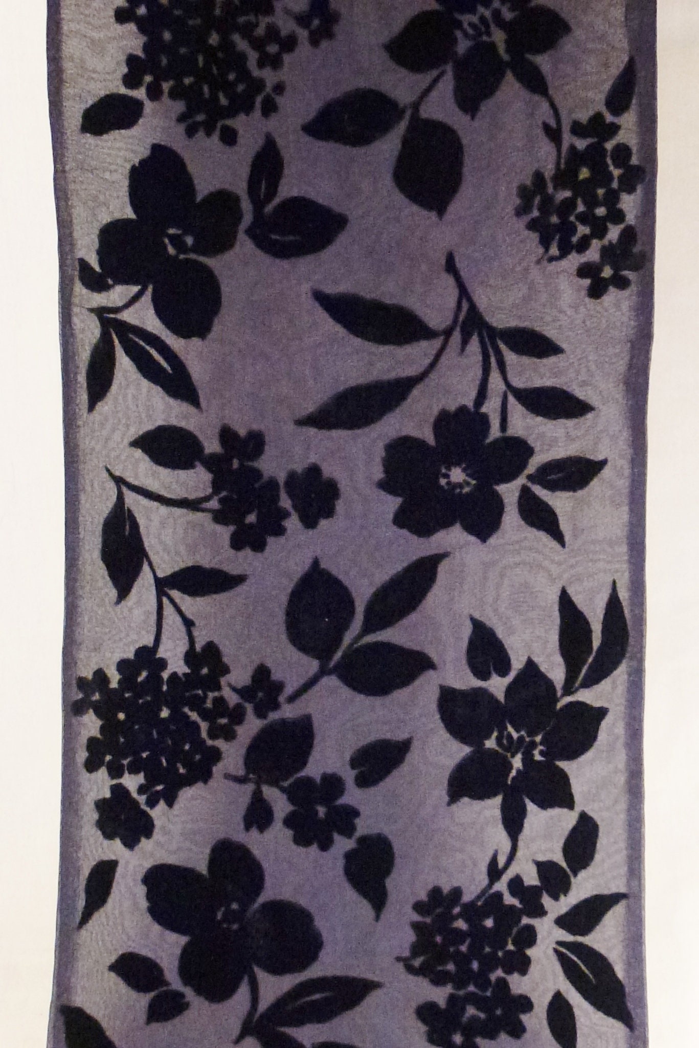 stunning Silk Burnout Scarf, Silk Blend, Velvet Dark Blue Color , Flowers , Saks Firth Avenue, 6 X 9 3/4 Inches. Backround
