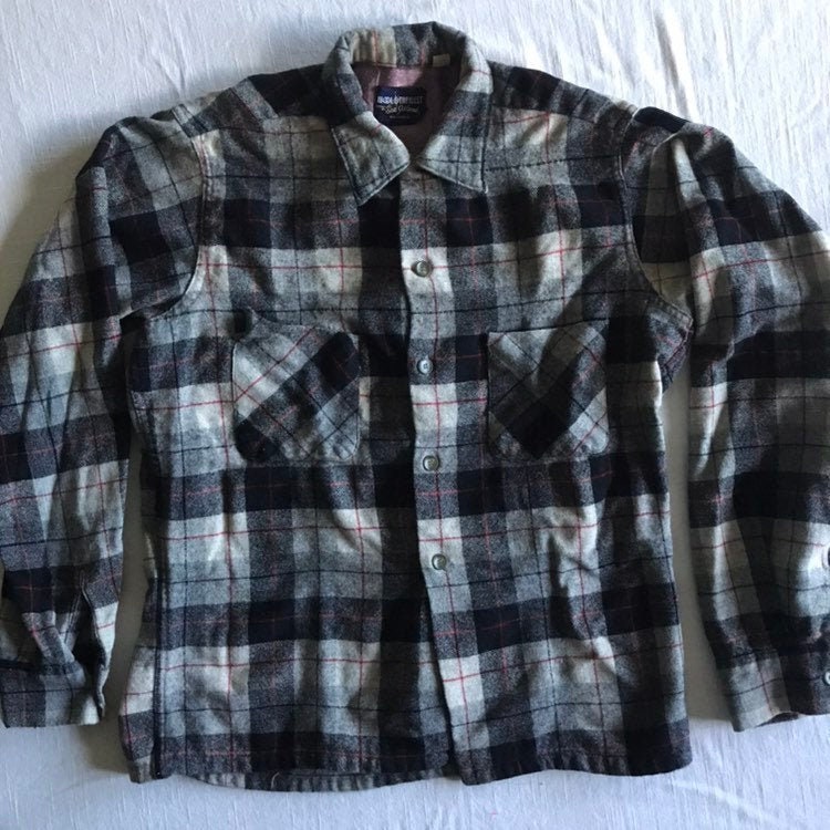 Vintage Wool Blend Plaid Lumberjack Shirt L/S Black & Gray Button Front Chest Pockets Classic Look O The West Label Size Small