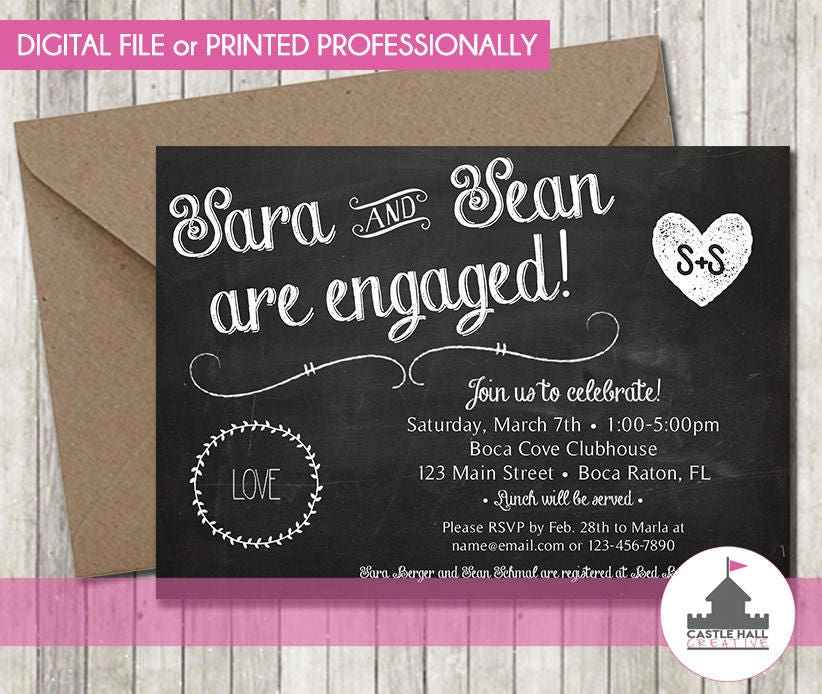 Chalkboard Engagement Party Invitation - Personalized Printable/Digital Download Or Professionally Printed Engaged Wedding Stationary