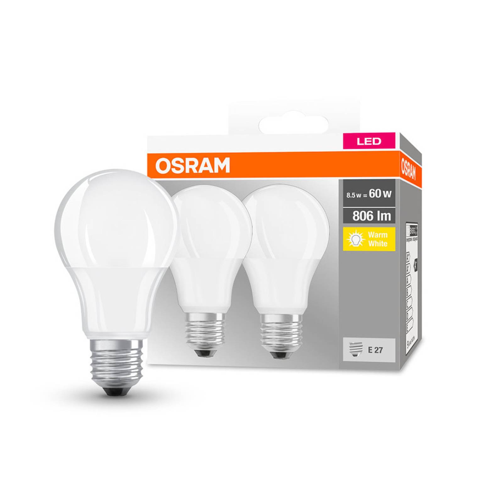 OSRAM-LED-lamppu Classic E27 8,5W 2700K 806lm 2kpl