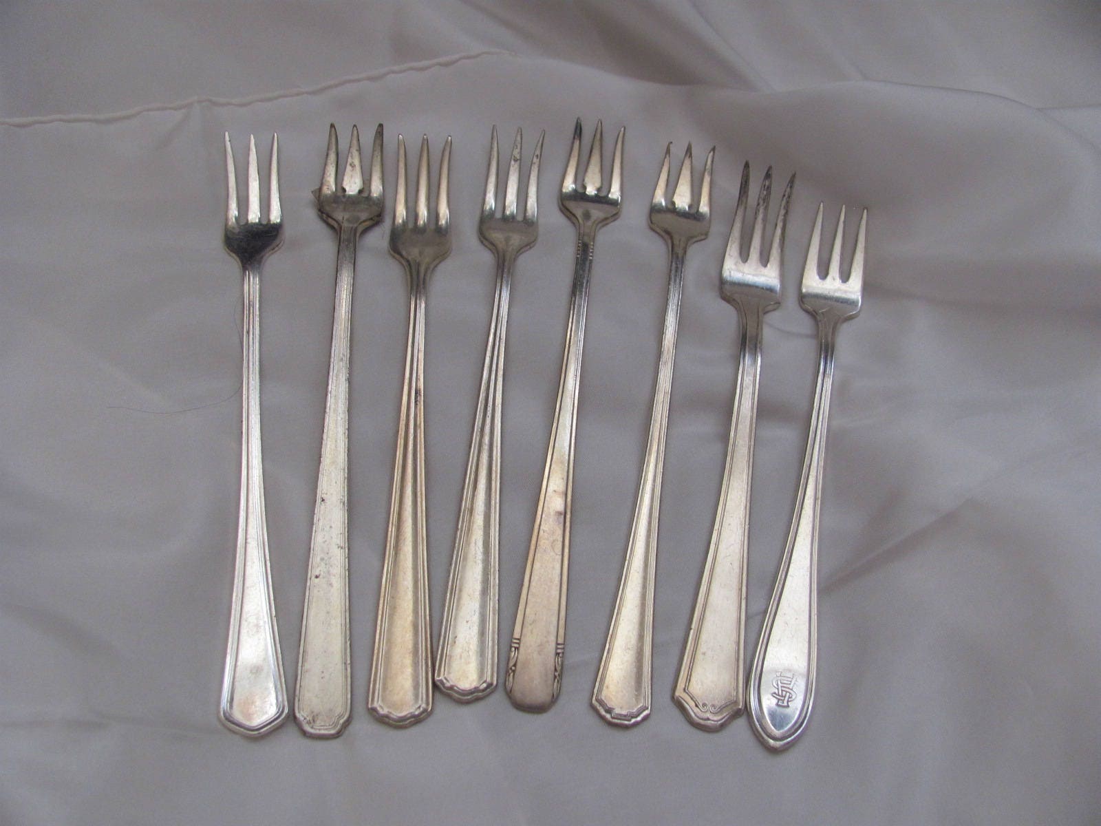 Crab Forks - Lot Of 8 Silver Plate 3 Prong Seafood Olive Mixed Patterns | #3A